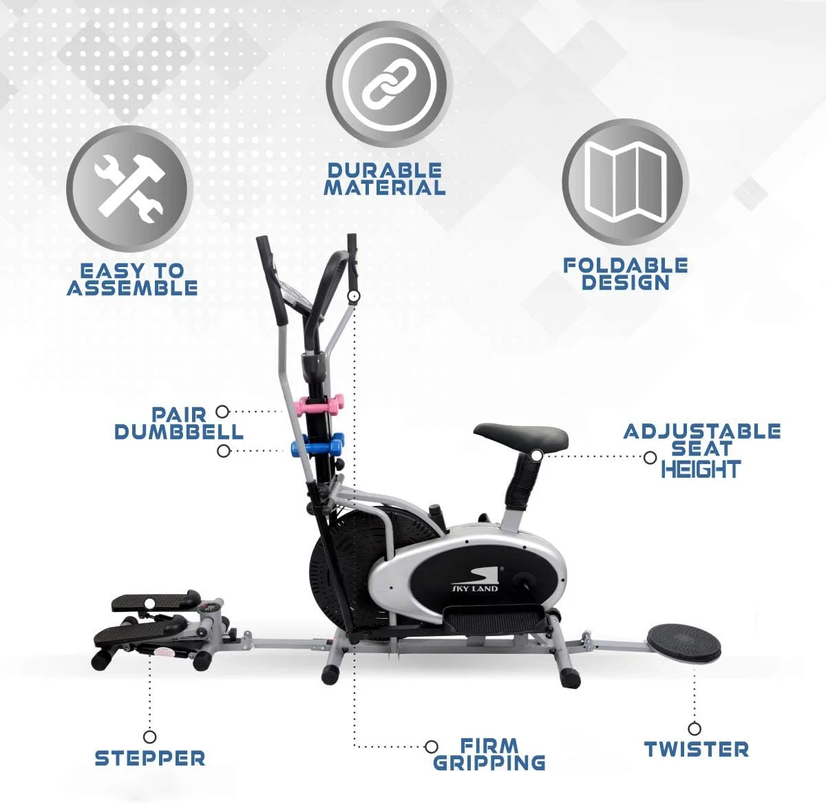 دستگاه الپتیکال 5 در 1 SKY LAND مدل EM-1133 به همراه استپر، توییستر و دمبل | مقاومت قابل تنظیم | مانیتور LCD و صندلی نرم | تمرین کامل بدن در خانه