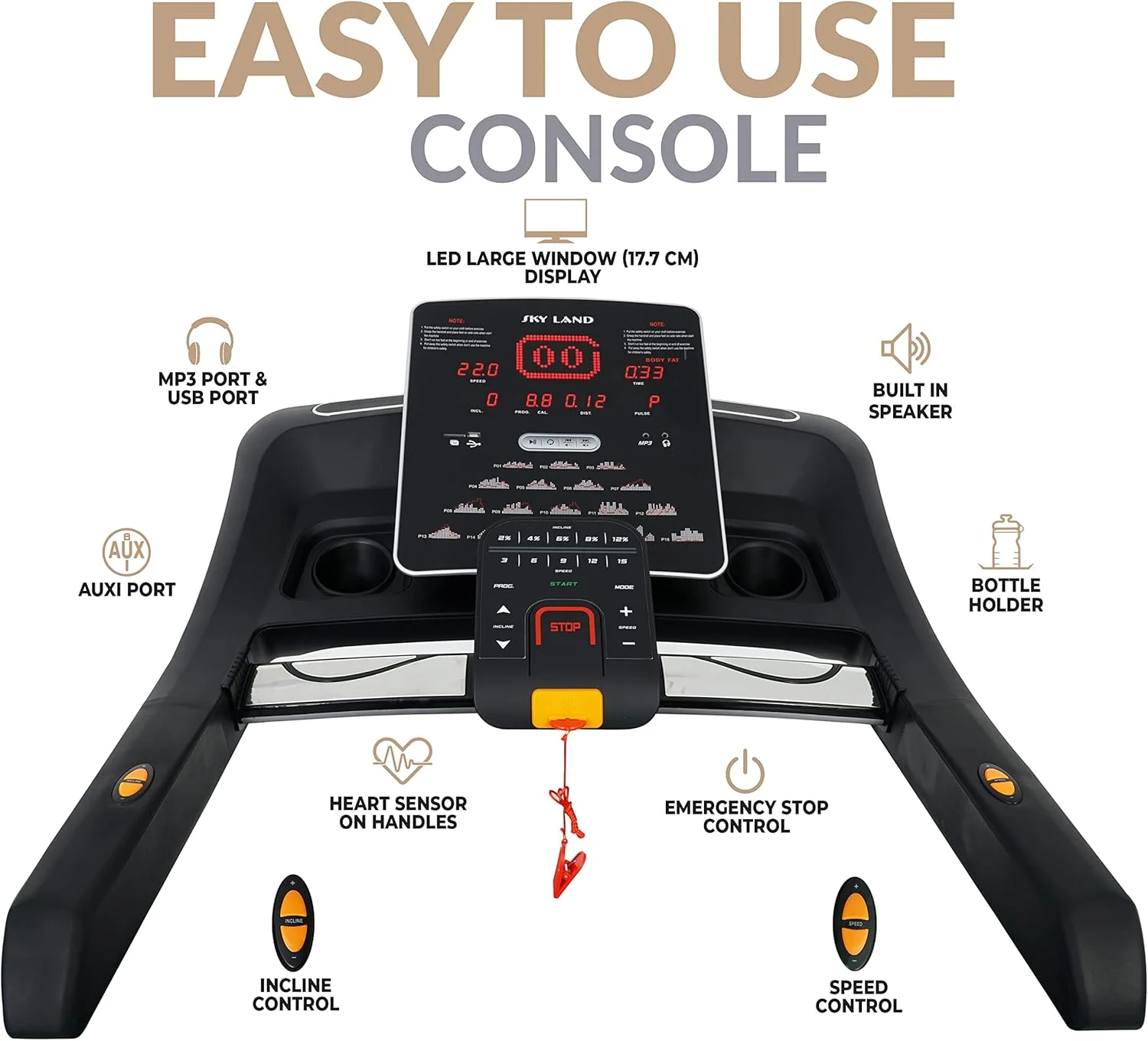 تردمیل تجاری SKY LAND | موتور AC با حداکثر توان 8 اسب بخار، ظرفیت 180 کیلوگرم، شیب خودکار 15٪، مساحت دویدن 155×55 سانتی متر، صفحه نمایش LED 9 اینچی، بلندگوی بلوتوث و برنامه FitShow EM-1250