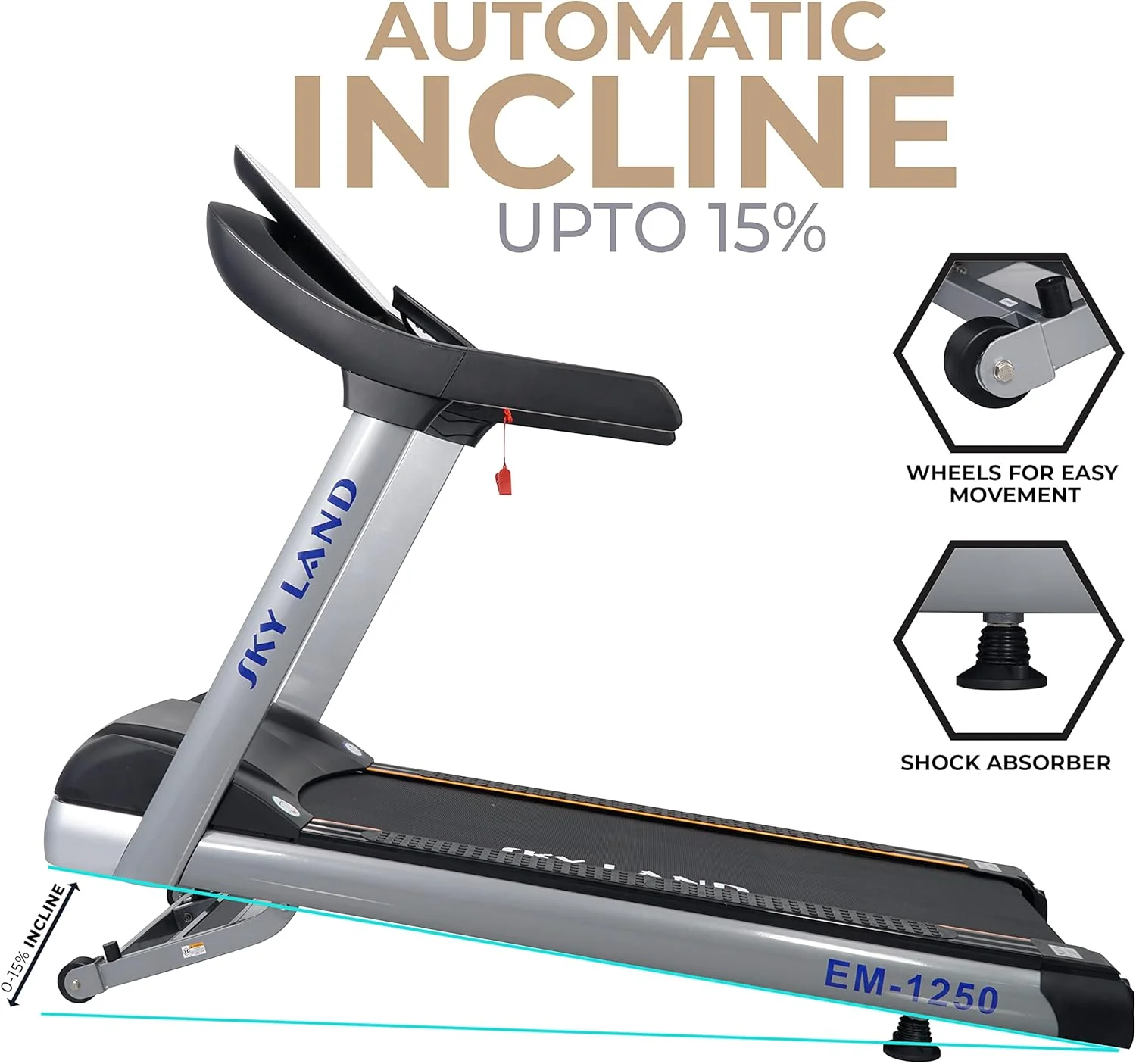 تردمیل تجاری SKY LAND | موتور AC با حداکثر توان 8 اسب بخار، ظرفیت 180 کیلوگرم، شیب خودکار 15٪، مساحت دویدن 155×55 سانتی متر، صفحه نمایش LED 9 اینچی، بلندگوی بلوتوث و برنامه FitShow EM-1250