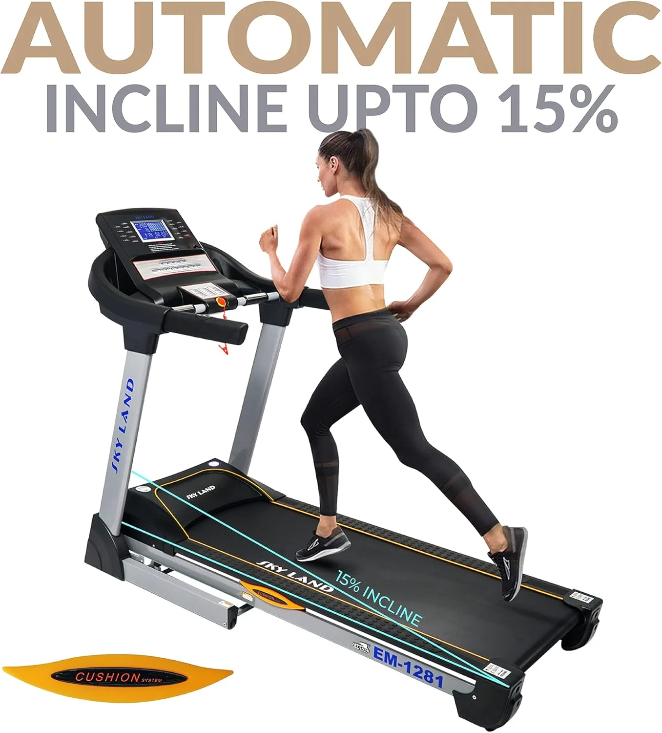 تردمیل تاشو تجاری سبک SKY LAND با موتور AC با توان پیک 6 اسب بخار | شیب خودکار 15٪، بلندگوی داخلی، برنامه FS و سیستم قطره نرم هیدرولیک مدل EM-1281