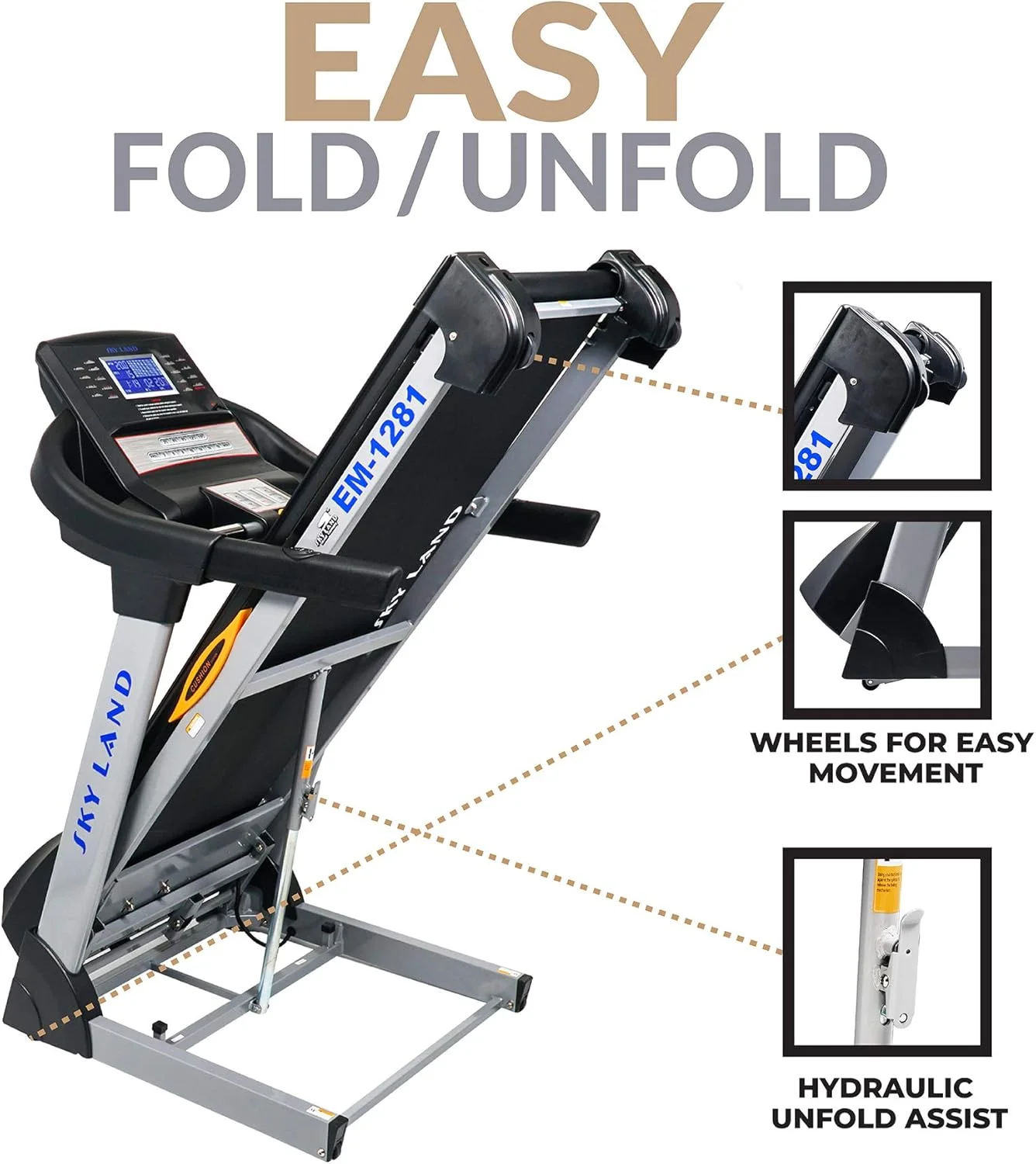 تردمیل تاشو تجاری سبک SKY LAND با موتور AC با توان پیک 6 اسب بخار | شیب خودکار 15٪، بلندگوی داخلی، برنامه FS و سیستم قطره نرم هیدرولیک مدل EM-1281