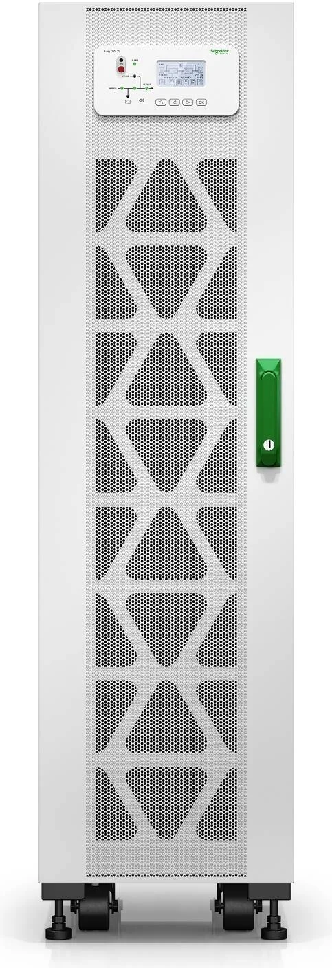 منبع تغذیه بدون وقفه APC Easy UPS 3S 20 kVA 3 3 برای باتری های داخلی، ولتاژ ورودی اصلی 400 ولت 3 فاز، حداکثر جریان ورودی 37 آمپر، فرکانس 45-65 هرتز، نوع باتری VRLA، سفید | E3SUPS20KHB