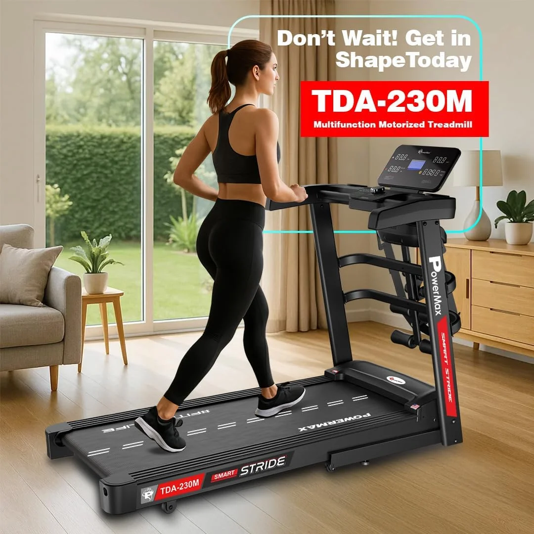 تردمیل تاشو برقی هوشمند پاورمکس فیتنس مدل TDA-230M (حداکثر قدرت 4 اسب بخار) با شیب خودکار، MP3، بلندگو، قابلیت نصب آسان و دستیار مجازی، دستگاه ورزشی برای باشگاه خانگی و تمرینات کاردیو