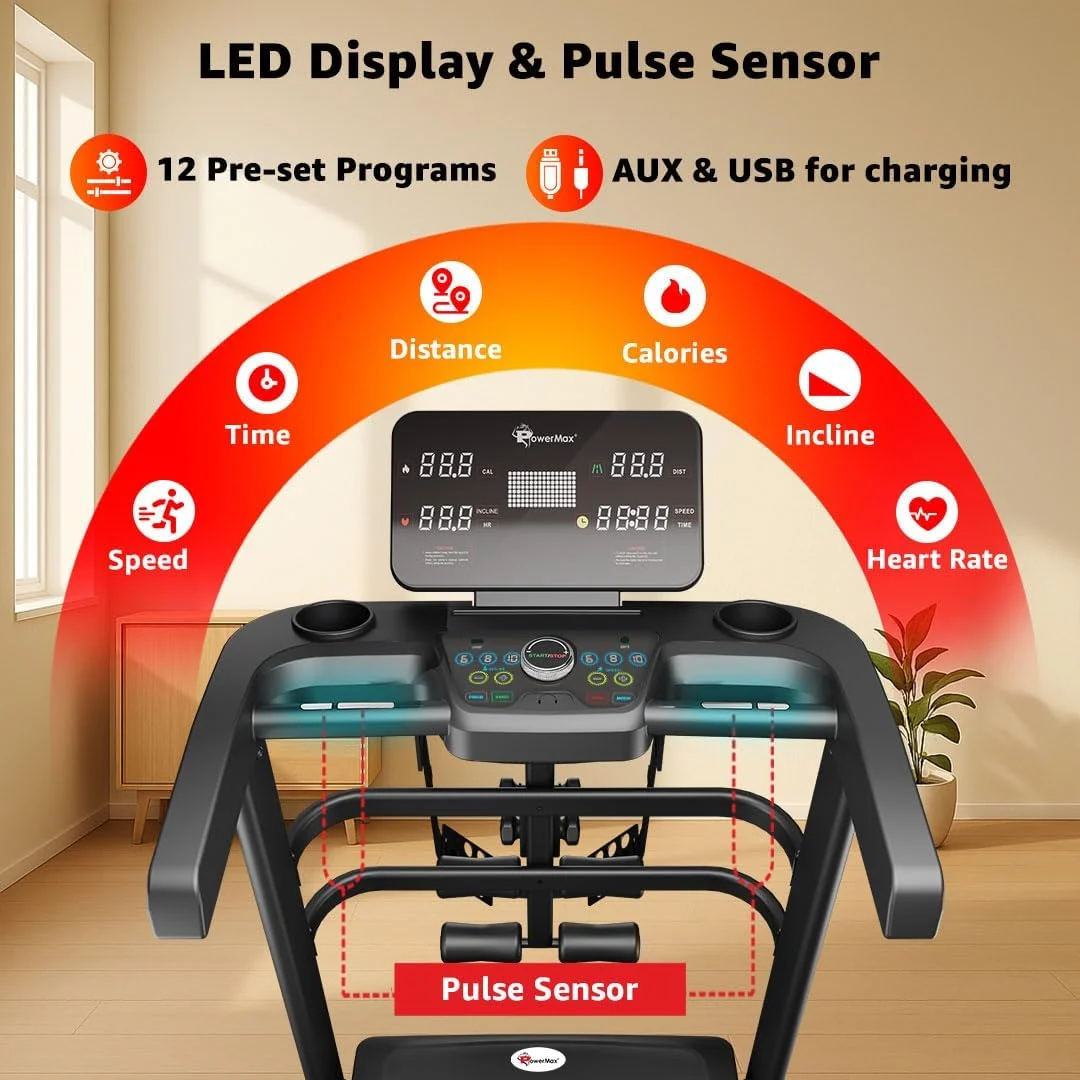 تردمیل تاشو برقی هوشمند پاورمکس فیتنس مدل TDA-230M (حداکثر قدرت 4 اسب بخار) با شیب خودکار، MP3، بلندگو، قابلیت نصب آسان و دستیار مجازی، دستگاه ورزشی برای باشگاه خانگی و تمرینات کاردیو