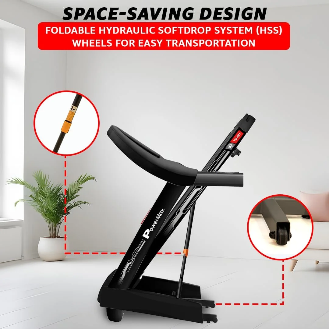 تردمیل خانگی پاورمکس فیتنس TD-M1 با موتور 6 اسب بخار BLDC | حداکثر وزن کاربر 120 کیلوگرم، حداکثر سرعت 14 کیلومتر در ساعت، 2 سطح شیب دستی تاشو | روغن کاری نیمه اتوماتیک | صفحه نمایش LCD، بلوتوث برای موسیقی، بلندگو