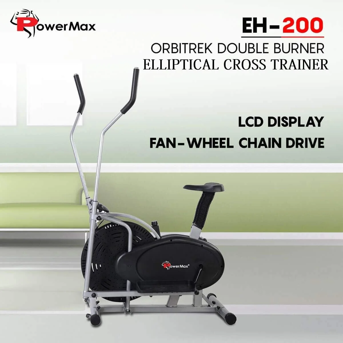 دستگاه الپتیکال و دوچرخه ثابت پاورمکس فیتنس مدل EH-200 با نمایشگر LCD هوشمند و سنسور ضربان قلب (مشکی)