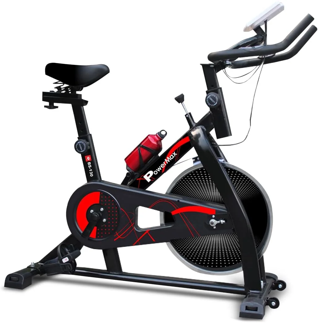 دوچرخه ثابت اسپین PowerMax Fitness BS-130 [فلایویل 8 کیلوگرمی، حداکثر وزن کاربر 130 کیلوگرم، نمایشگر LCD، میل لنگ 3 تکه، جا بطری، پدال های ضد لغزش و صندلی راحت] مشکی