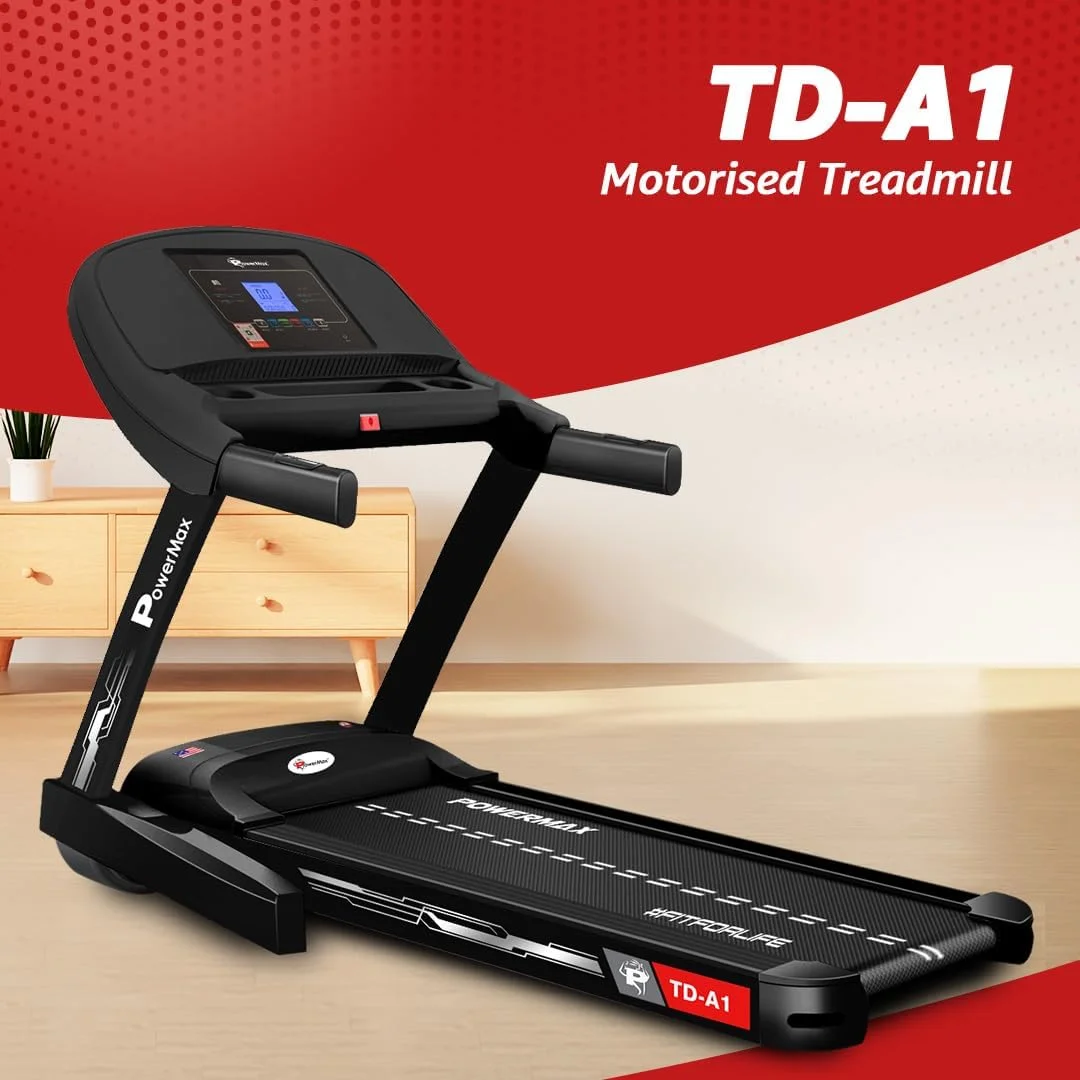 تردمیل تاشو موتوردار خانگی پاورمکس فیتنس مدل TD-A1 با موتور 6 اسب بخار، تحمل وزن 120 کیلوگرم، شیب خودکار 15 مرحله ای، مناسب برای تمرینات حرفه ای، حداکثر سرعت 14 کیلومتر بر ساعت، دارای بلندگو، پورت AUX، نمایشگر LCD و بلوتوث برای اتصال به اپلیکیشن
