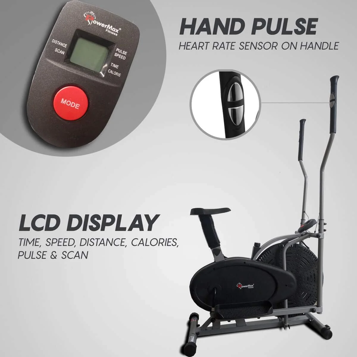 دستگاه الپتیکال و دوچرخه ثابت پاورمکس فیتنس مدل EH-200 با نمایشگر LCD هوشمند و سنسور ضربان قلب (مشکی)