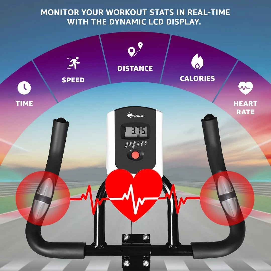 دوچرخه ثابت اسپین PowerMax Fitness BS-130 [فلایویل 8 کیلوگرمی، حداکثر وزن کاربر 130 کیلوگرم، نمایشگر LCD، میل لنگ 3 تکه، جا بطری، پدال های ضد لغزش و صندلی راحت] مشکی