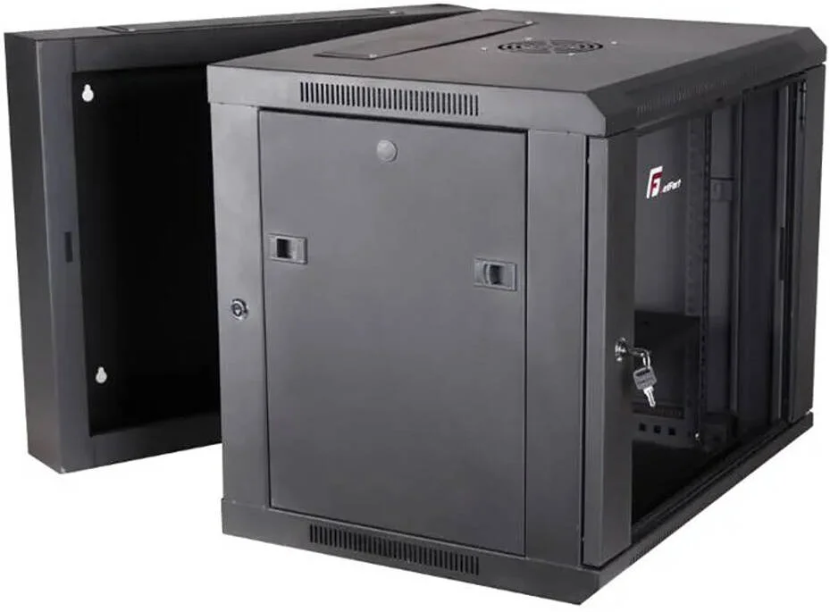 کابینت شبکه دیواری 9U 600×550، عمق 550 میلی‌متر، پنل‌های جانبی جداشدنی، ظرفیت بار تا 60 کیلوگرم، مشکی