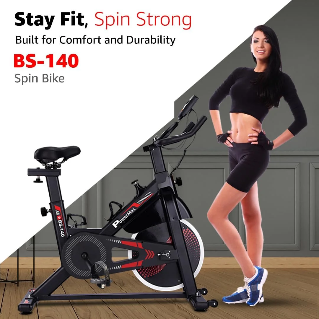 دوچرخه ثابت پاور مکس فیتنس مدل BS-140 با سیستم تسمه ای، فلایویل 12 کیلوگرمی، صندلی و بند پا قابل تنظیم، ظرفیت 140 کیلوگرم، چرخش دو طرفه، سیستم ترمز مغناطیسی، نمایشگر LCD، کرانک 2 تکه، سنسور ضربان قلب