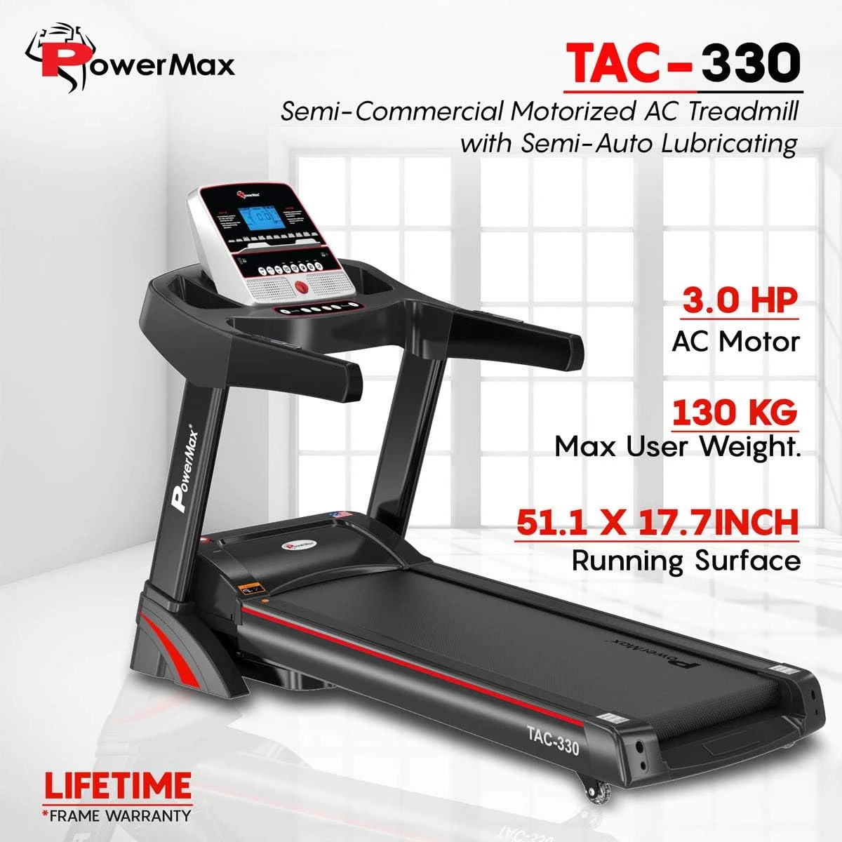 تردمیل خانگی PowerMax Fitness TAC-330 با موتور 6 اسب بخار و شیب برقی، حداکثر وزن کاربر 140 کیلوگرم، سرعت 16 کیلومتر در ساعت، ابعاد تسمه 1300x480 میلی متر، روغن کاری دستی، صفحه نمایش LCD، بلندگو، نگهدارنده آیپد، USB
