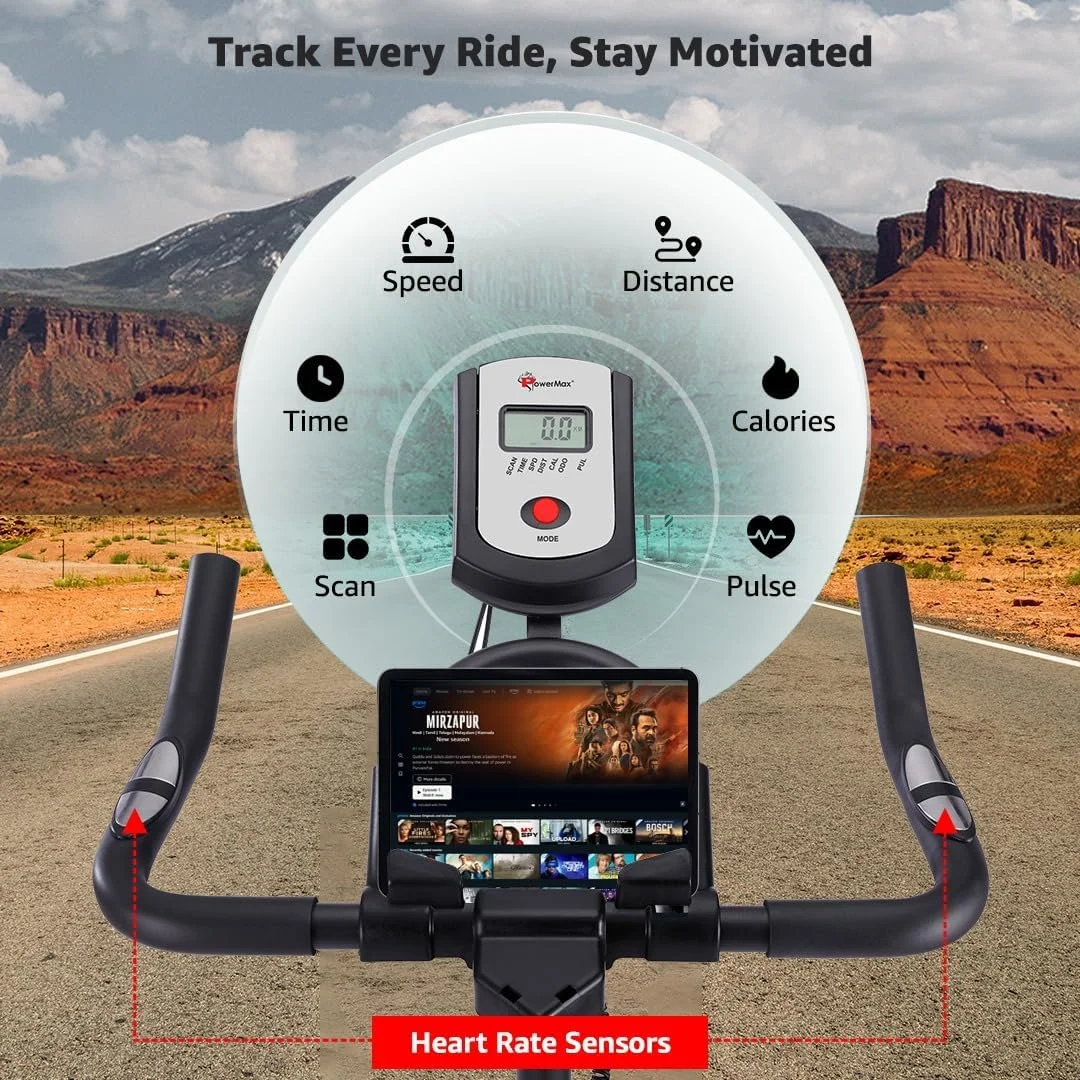 دوچرخه ثابت پاور مکس فیتنس مدل BS-140 با سیستم تسمه ای، فلایویل 12 کیلوگرمی، صندلی و بند پا قابل تنظیم، ظرفیت 140 کیلوگرم، چرخش دو طرفه، سیستم ترمز مغناطیسی، نمایشگر LCD، کرانک 2 تکه، سنسور ضربان قلب