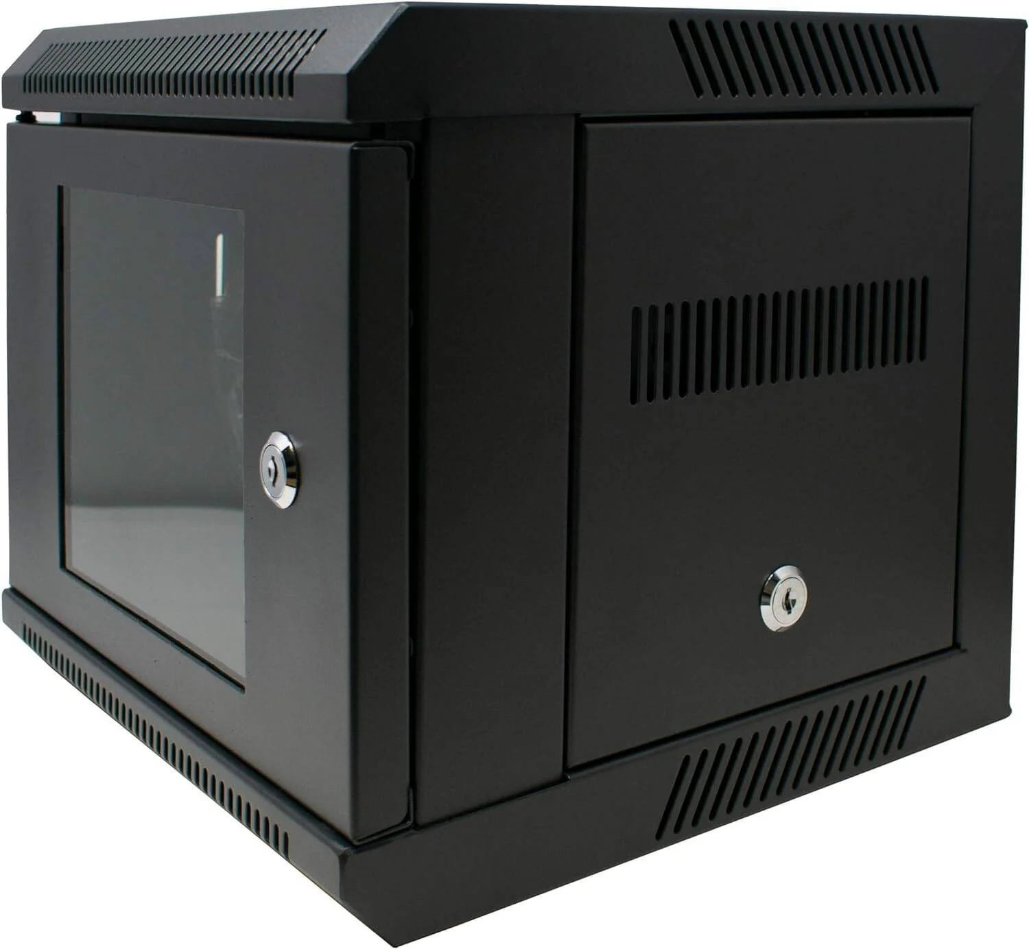 کابینت سرور دیواری 9U با ابعاد 600x450 میلی متر، پنل های جانبی جداشدنی، درب شیشه ای جلویی با قفل، درب های جانبی بازشو، ابعاد 600x450 میلی متر، مشکی