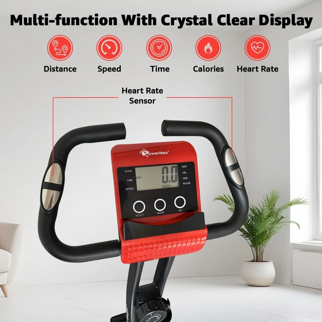 دوچرخه ثابت پاورمکس فیتنس مدل BX-110SX مناسب برای منزل/دوچرخه مغناطیسی X برای کاهش وزن - قرمز/سفید، جمع و جور