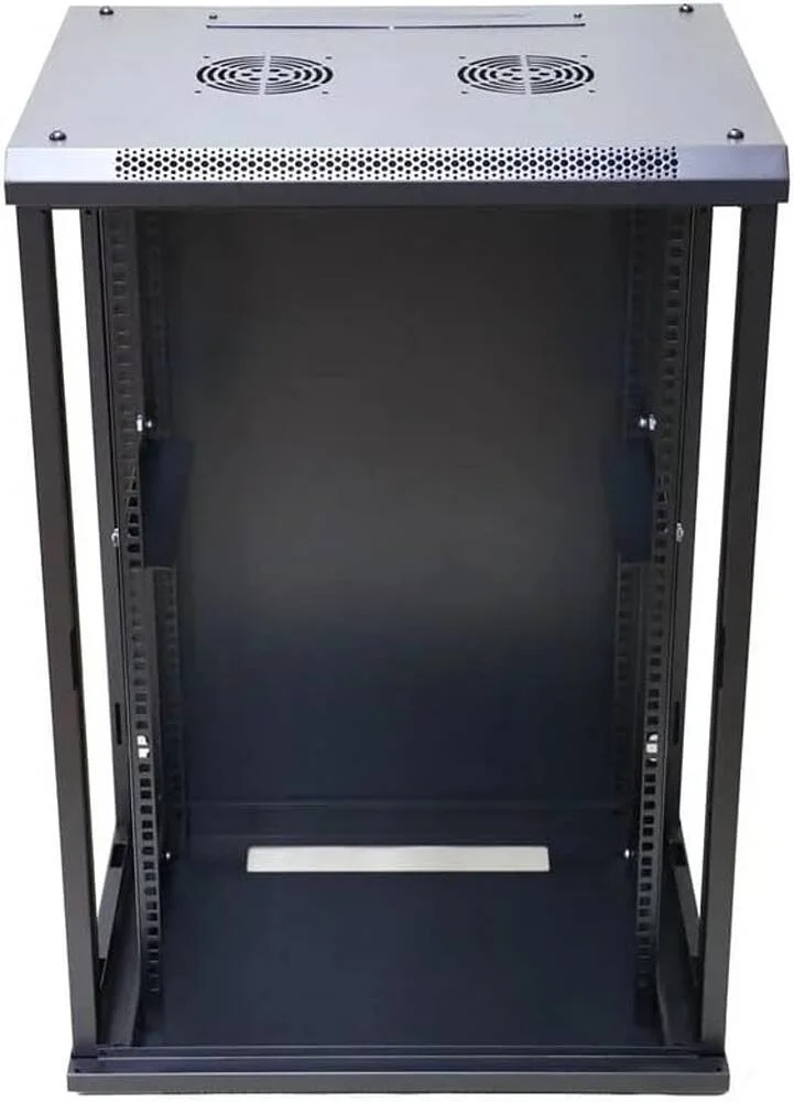 رک دیواری 15 یونیت 600x450 با درب شیشه ای حرارت دیده، ظرفیت بارگیری تا 70 کیلوگرم، دارای سوراخ فن در پوشش بالایی، مشکی