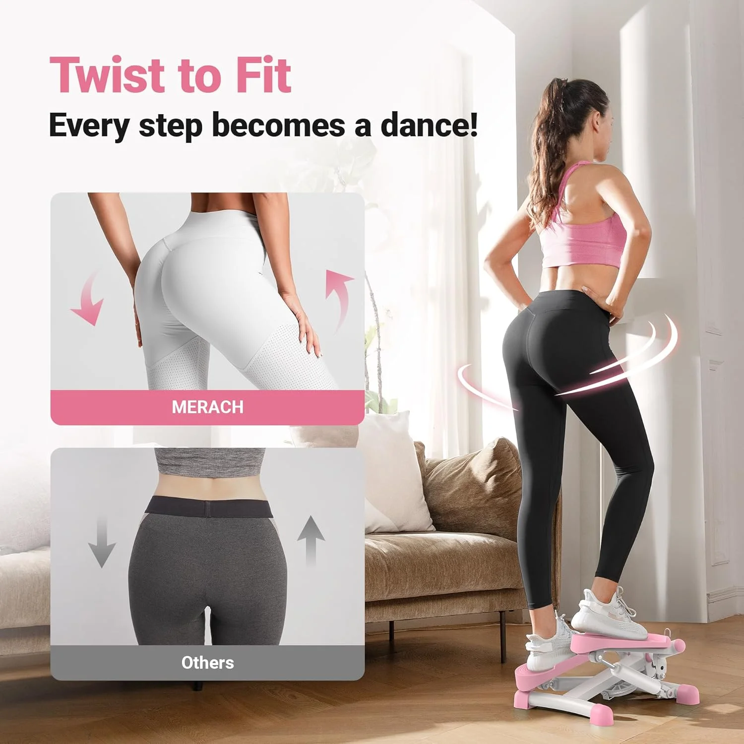 استپ کوچک 2 در 1 MERACH برای تمرین در خانه، استپ کوچک 150 کیلوگرمی با نمایشگر LCD، استپ چرخشی بالا-پایین با طناب های قدرتی برای تمرین پا/بازو/باسن، تجهیزات ورزشی و تناسب اندام