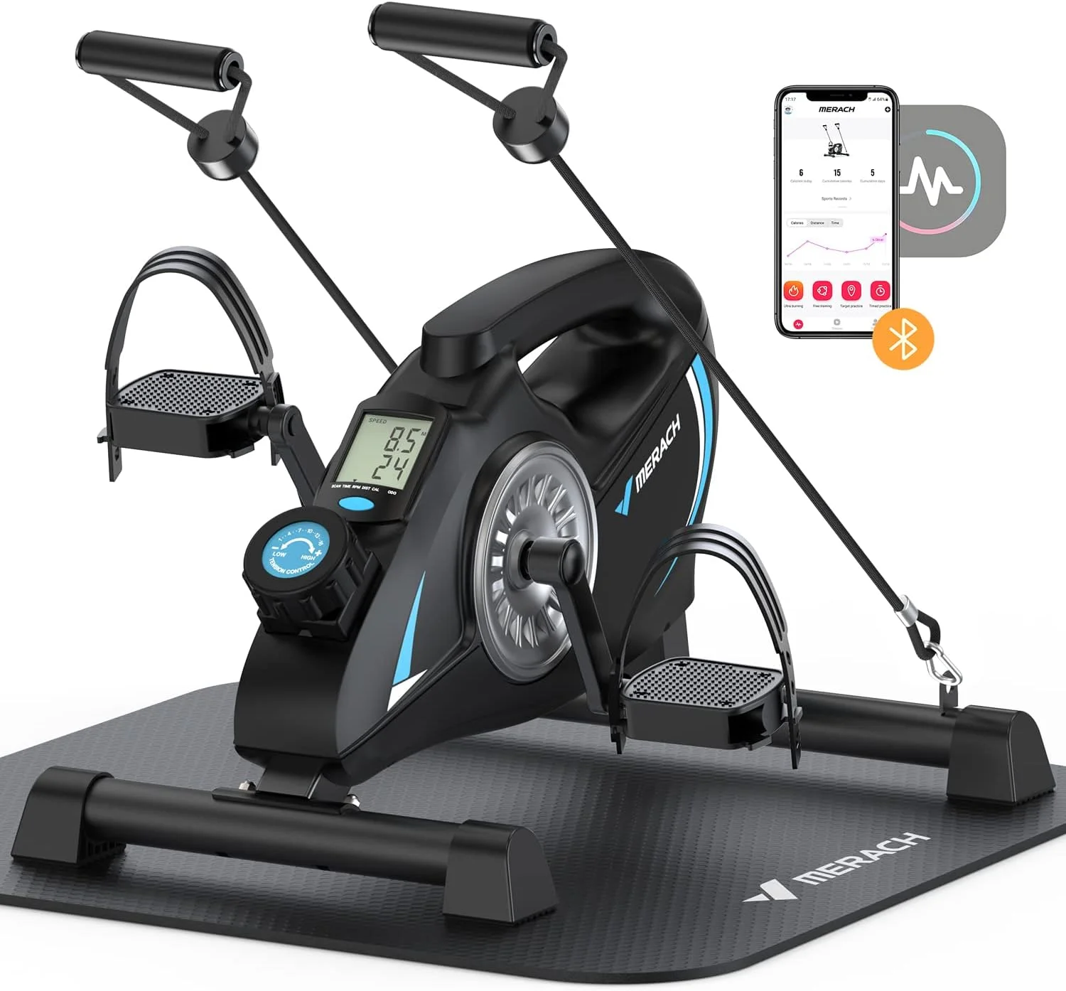 دستگاه ورزشی چند منظوره MERACH، دوچرخه ثابت مگنتی بی صدا با اپلیکیشن برای تمرین دست و پا، دوچرخه اسپین با 2 کش مقاومتی و تجهیزات ورزشی ضد لغزش