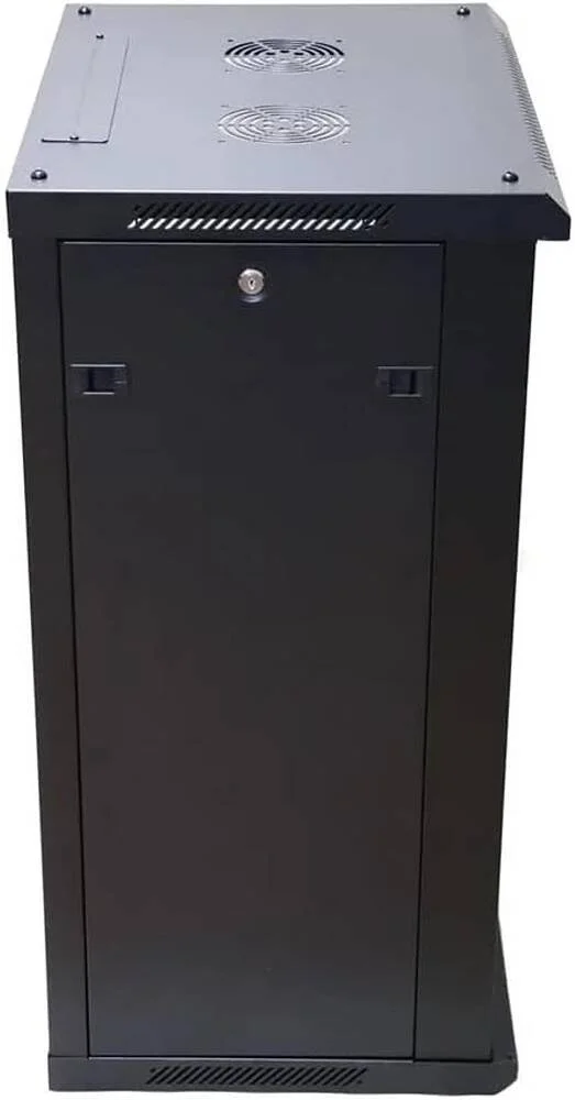 کابینت رک دیواری 15 یونیت 600x550، درب جلویی شیشه ای حرارت دیده، ظرفیت بارگیری تا 70 کیلوگرم، دارای سوراخ فن در پوشش بالایی، مشکی