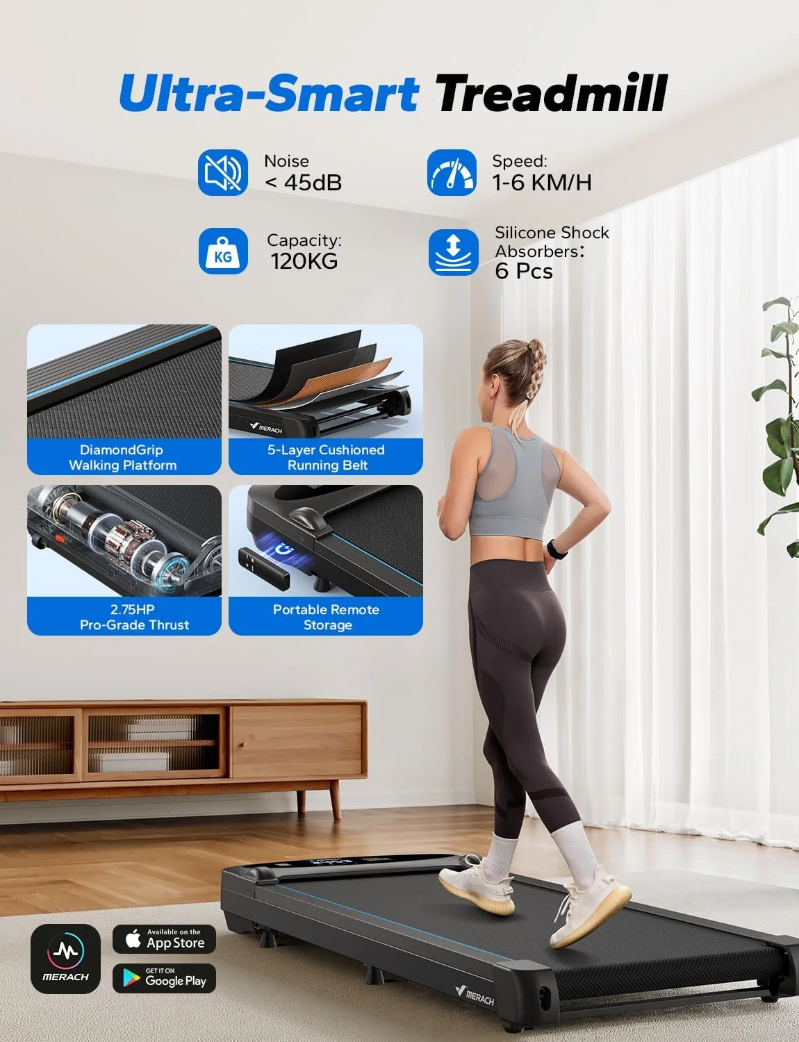 دستگاه تردمیل پد پیاده روی MERACH، تردمیل زیر میزی، دستگاه ورزشی پد پیاده روی تاشو مناسب منزل، دستگاه پیاده روی قابل حمل با سرعت 6.1 کیلومتر در ساعت و صدای 40 دسی بل، دستگاه تاشو 4 در 1 با کنترل و اپلیکیشن