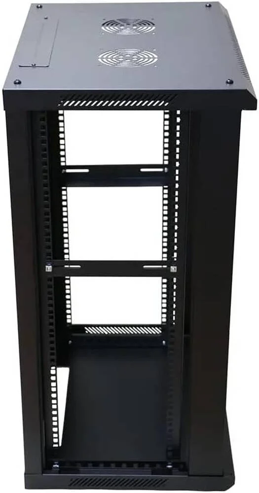 رک دیواری 15 یونیت 600x600 با درب شیشه ای حرارت دیده، ظرفیت بارگیری تا 70 کیلوگرم، دارای سوراخ فن در پوشش بالایی، مشکی