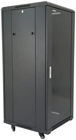 رک ایستاده 42 یونیت Aico با درب شیشه ای مقاوم، چرخ های سنگین، ابعاد 600X1000، مشکی | 42U