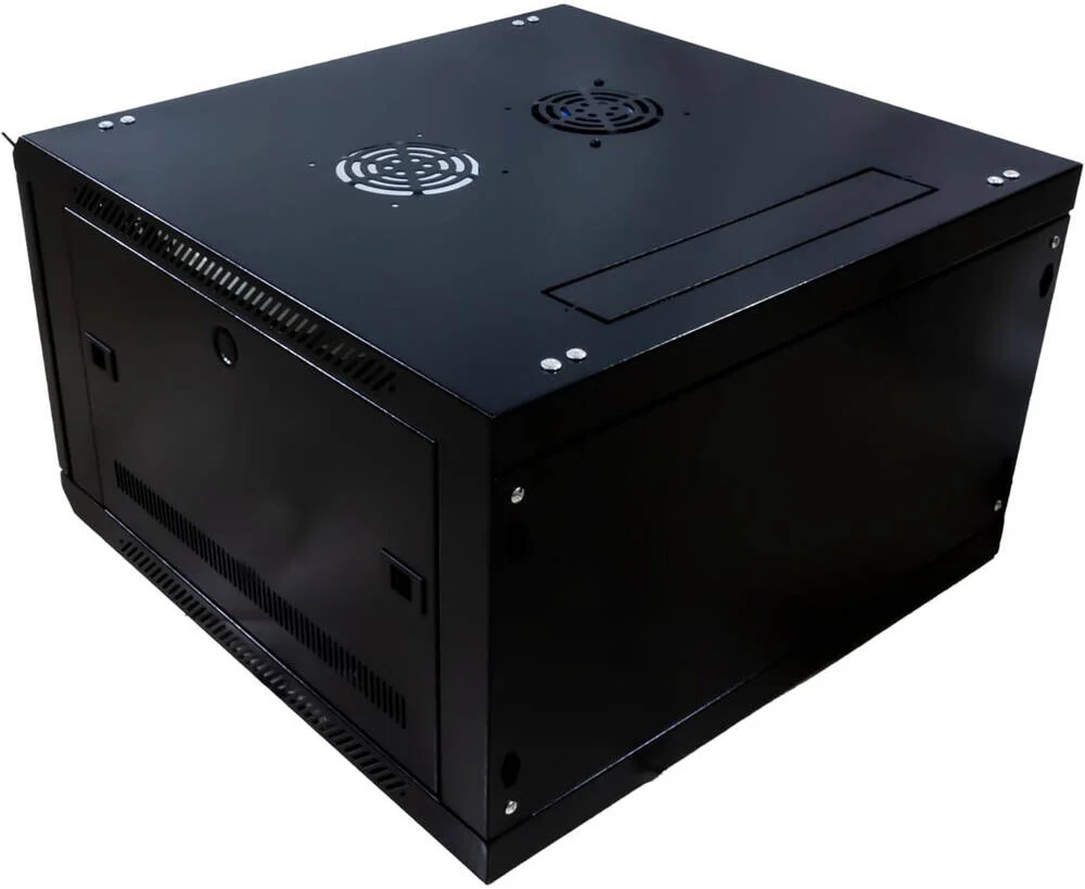 رک دیواری 6 یونیت 600x350، به همراه فن و طبقه، سایز 600x350 میلی‌متر، ضخامت 1.2 میلی‌متر SPCC، ساختار قوی، مشکی | 6U-600X350