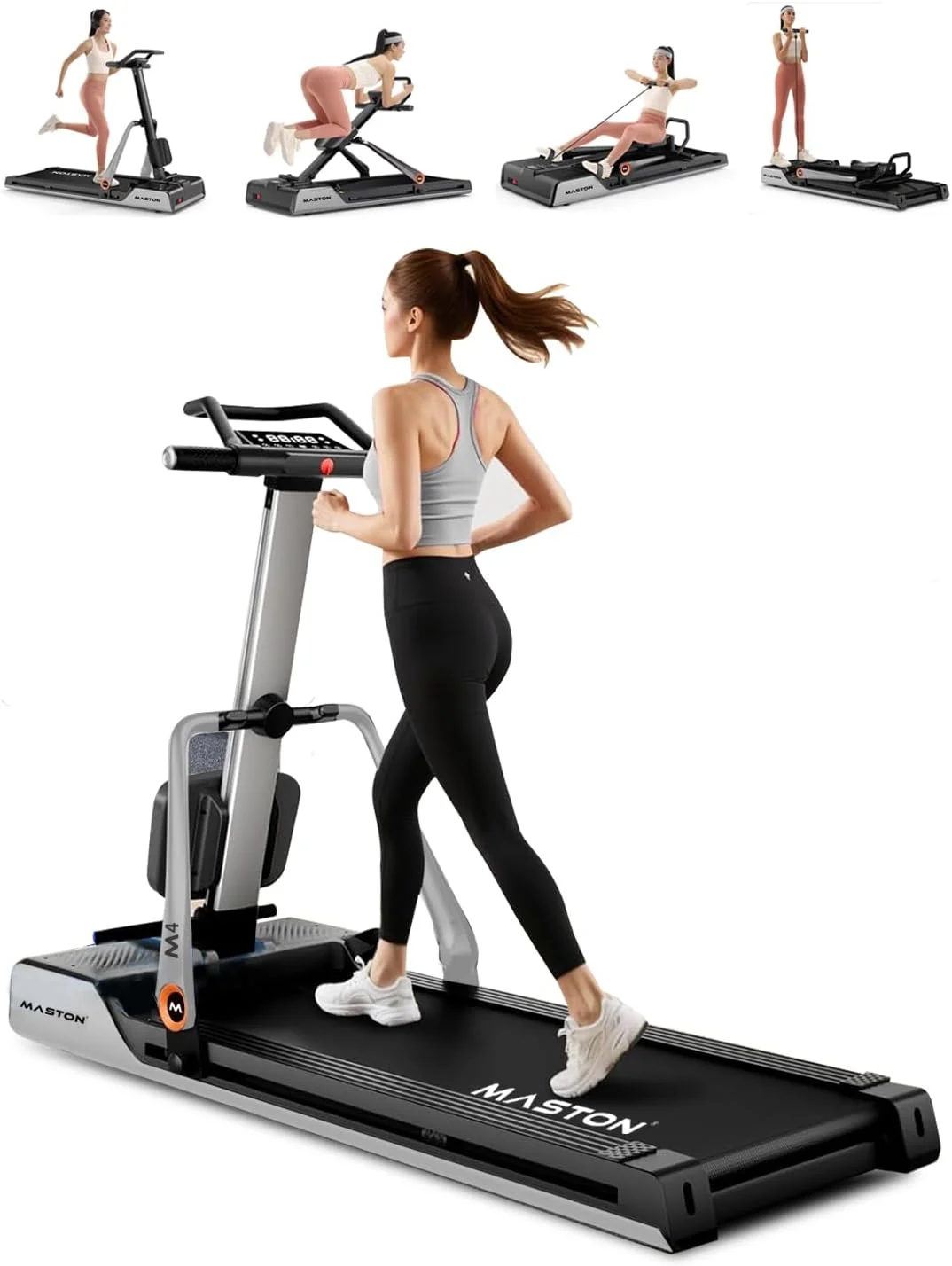 دستگاه تردمیل چند منظوره Maston M4 – دستگاه دویدن تاشو، موتور بدون جاروبک | ظرفیت بار 120 کیلوگرم | سرعت 1-14 کیلومتر در ساعت، یک تردمیل خانگی همه کاره (تردمیل، روئینگ، تمرین دهنده شکم و ایستگاه قدرتی)