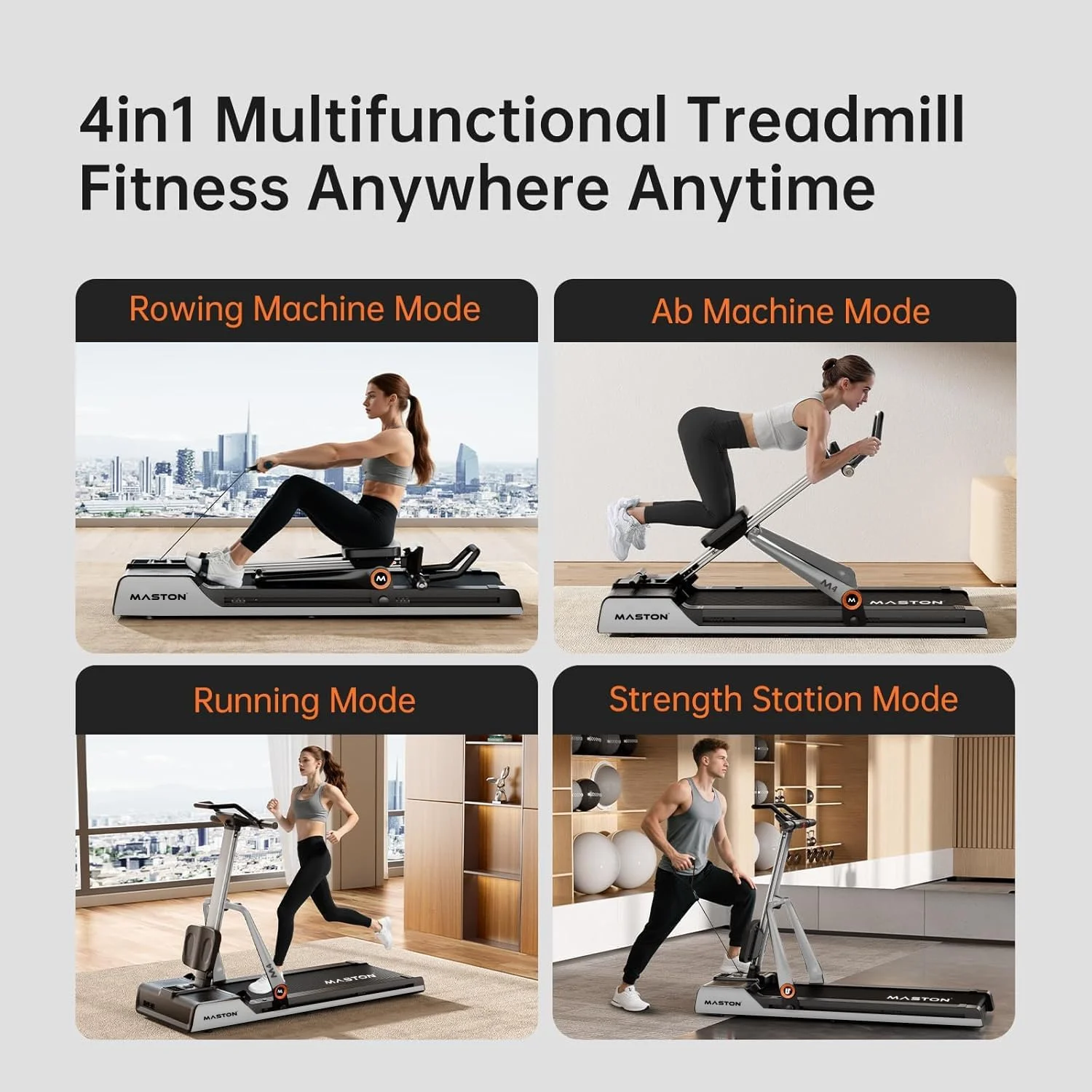 دستگاه تردمیل چند منظوره Maston M4 – دستگاه دویدن تاشو، موتور بدون جاروبک | ظرفیت بار 120 کیلوگرم | سرعت 1-14 کیلومتر در ساعت، یک تردمیل خانگی همه کاره (تردمیل، روئینگ، تمرین دهنده شکم و ایستگاه قدرتی)
