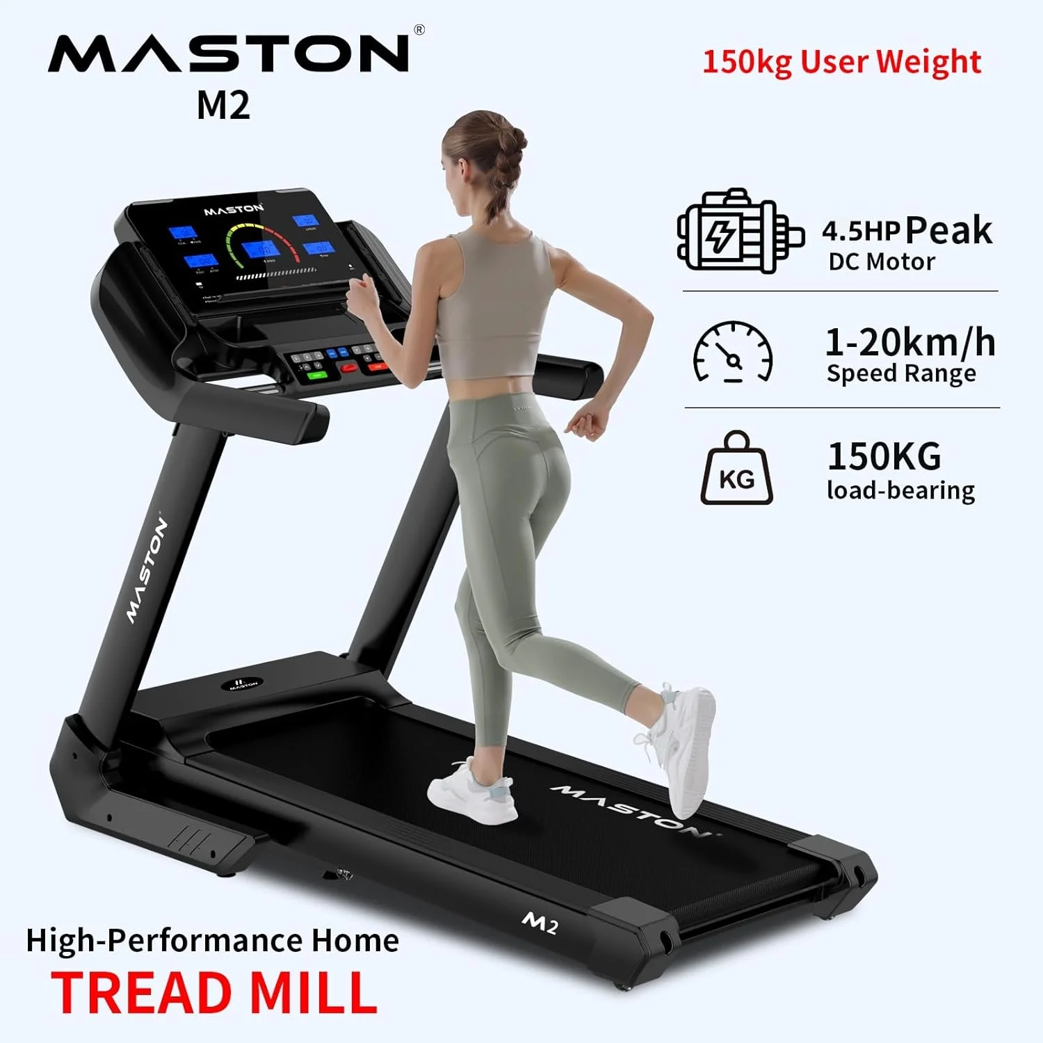 تردمیل تاشو تجاری سبک Maston M2 (موتور DC با حداکثر توان 4.5 اسب بخار)، سرعت 1-20 کیلومتر در ساعت، شیب خودکار 20٪، حداکثر وزن کاربر 150 کیلوگرم - تردمیل برای باشگاه خانگی و استفاده نیمه تجاری با بلندگوی بلوتوث