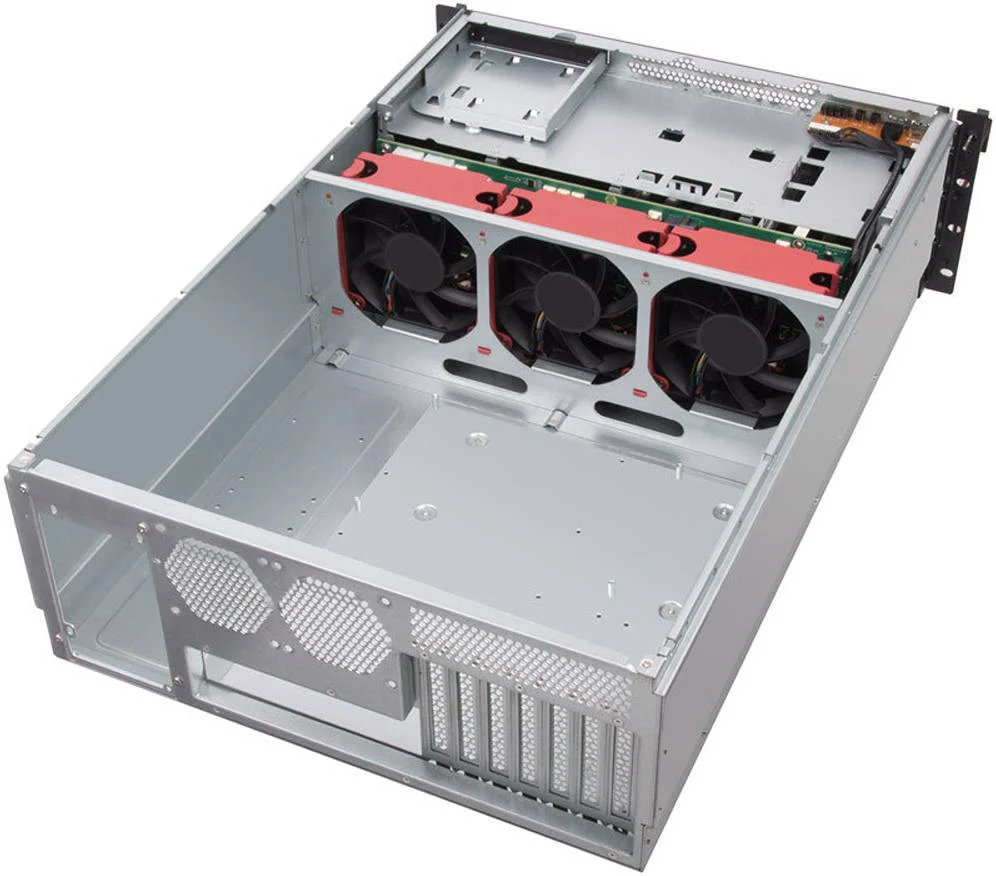 کیس سرور رکمونت SilverStone RM43-320-RS 4U با قابلیت نصب 20 هارد دیسک / اس اس دی 2.5 و 3.5 اینچی، دارای 2 فن 120 میلی‌متری PWM از پیش نصب شده، پشتیبانی از پاورهای ATX و مادربردهای E-ATX یا SSI-EEB، دارای 7 اسلات توسعه PCI / PCIe، خاکستری | SST-RM43-320-RS