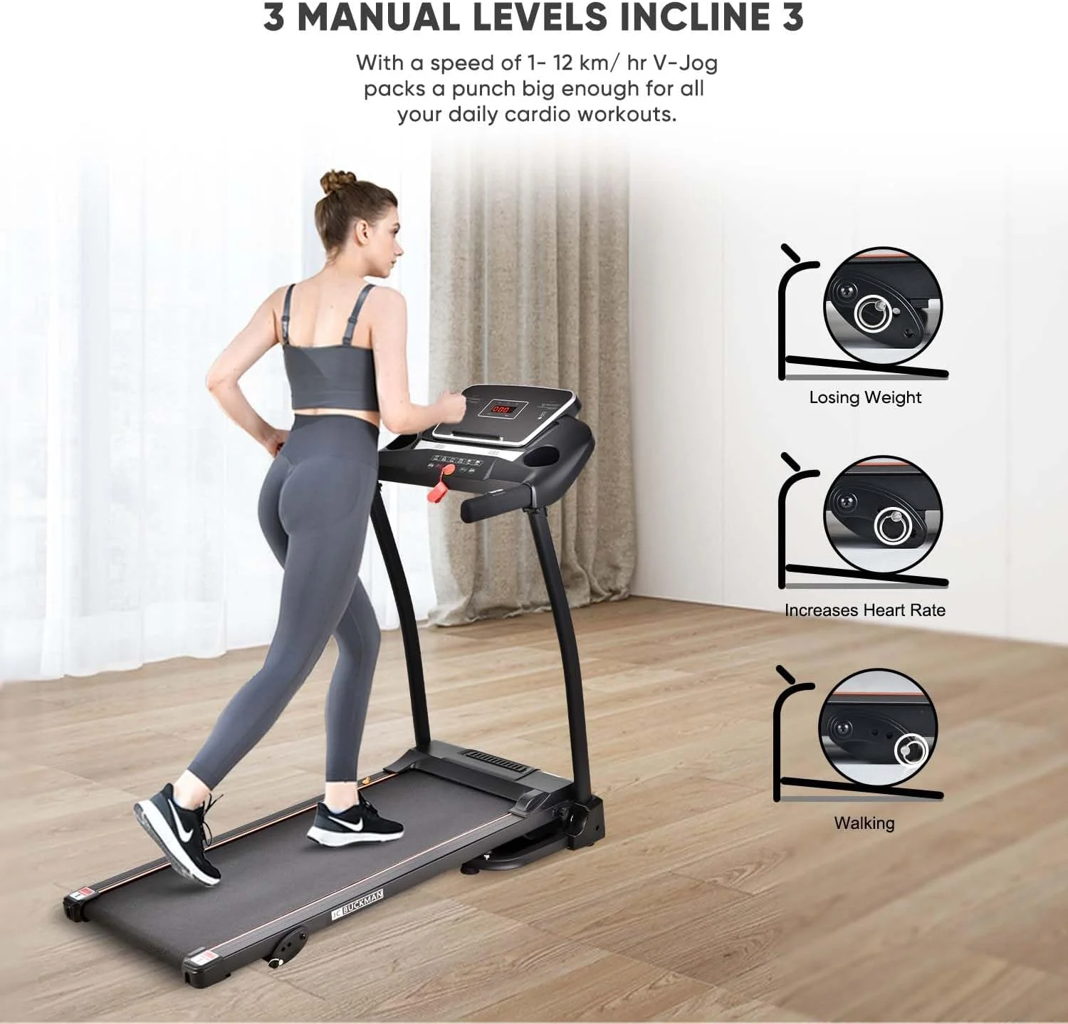 تردمیل JC BUCKMAN V-Jog: تردمیل خانگی سطح پایه، موتور 2.0 اسب بخار، تردمیل تاشو برای استفاده خانگی با LCD، 3 سطح شیب، صفحه دویدن با ضربه کم و 12 برنامه از پیش تعیین شده