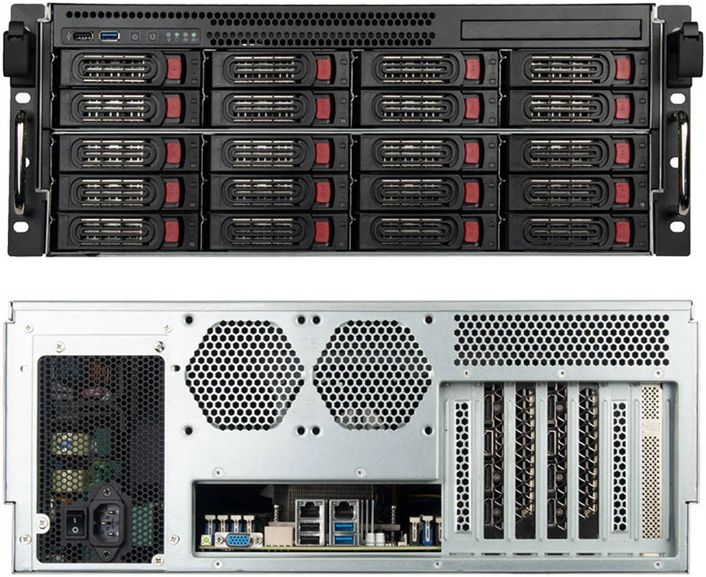 کیس سرور رکمونت SilverStone RM43-320-RS 4U با قابلیت نصب 20 هارد دیسک / اس اس دی 2.5 و 3.5 اینچی، دارای 2 فن 120 میلی‌متری PWM از پیش نصب شده، پشتیبانی از پاورهای ATX و مادربردهای E-ATX یا SSI-EEB، دارای 7 اسلات توسعه PCI / PCIe، خاکستری | SST-RM43-320-RS