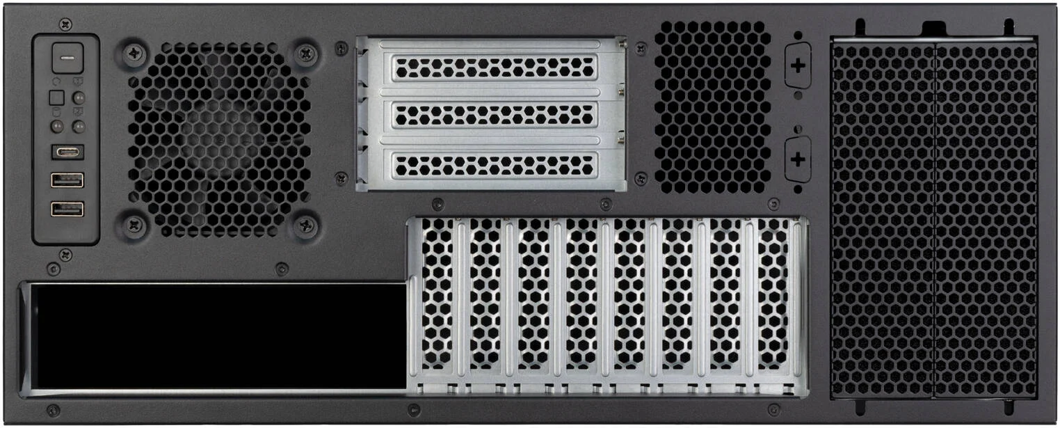 شاسی رک مونت 4U تعویض‌پذیر سیلوراستون مدل RM47-502-I، دارای 1 فن 80 میلی‌متری از پیش نصب‌شده، پشتیبانی از مادربرد تا SSI-EEB، پشتیبانی از رادیاتور تا 280 میلی‌متر، جنس بدنه فولاد، مشکی | SST-RM47-502-I