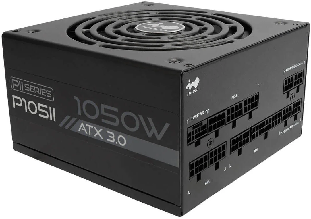منبع تغذیه کامپیوتر 1050 واتی InWin P105II ATX12V V3.0، تمام ماژولار، فن های 135 میلی متری FDB، راندمان 80+ پلاتینیوم، PFC فعال، حالت فن Zero RPM، جنس SECC، مشکی | IW-PS-PII1050W