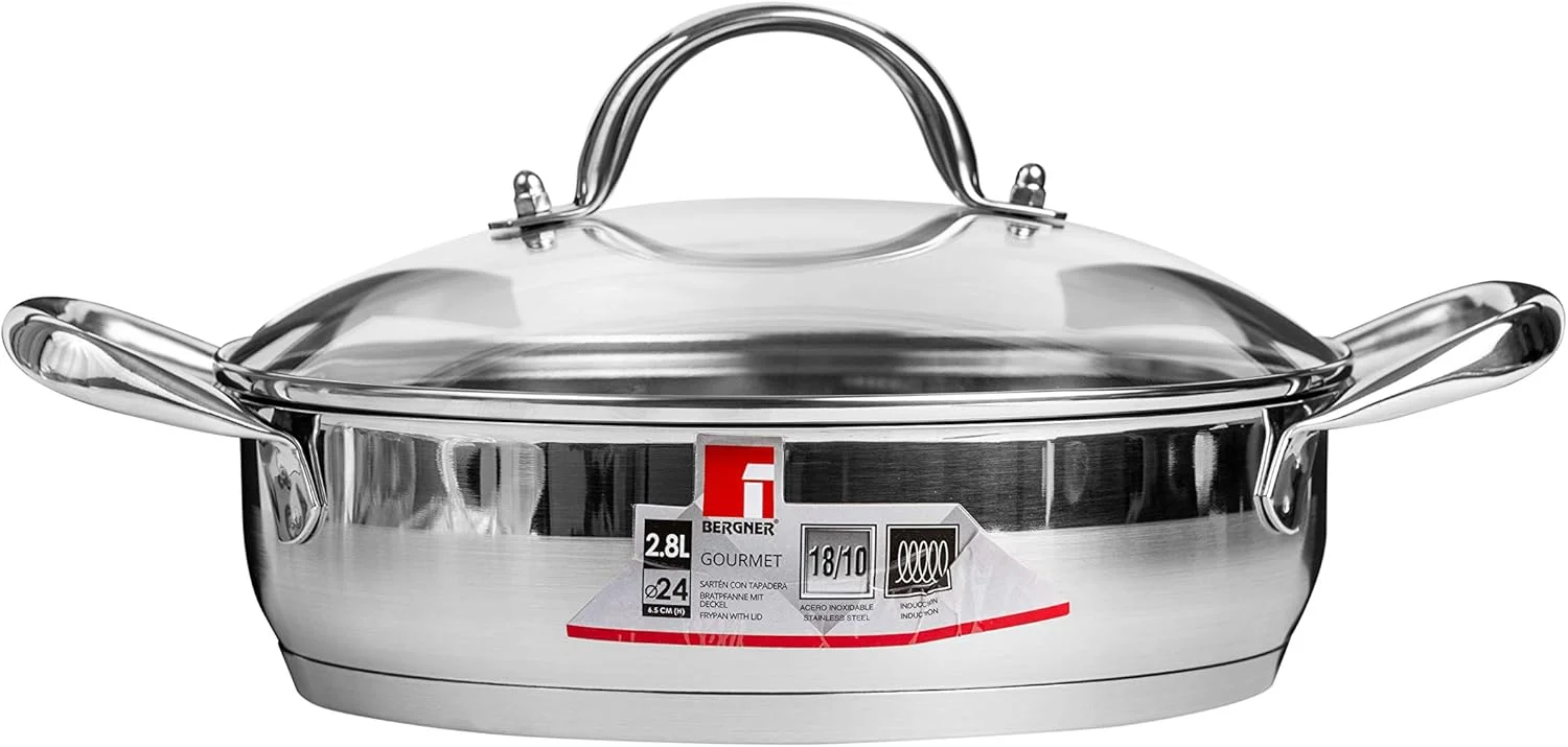 ست قابلمه 2 عددی گورمت برگنر مدل BG9848 به همراه درب شیشه ای، نقره ای، 24 سانتی متر، استیل ضد زنگ
