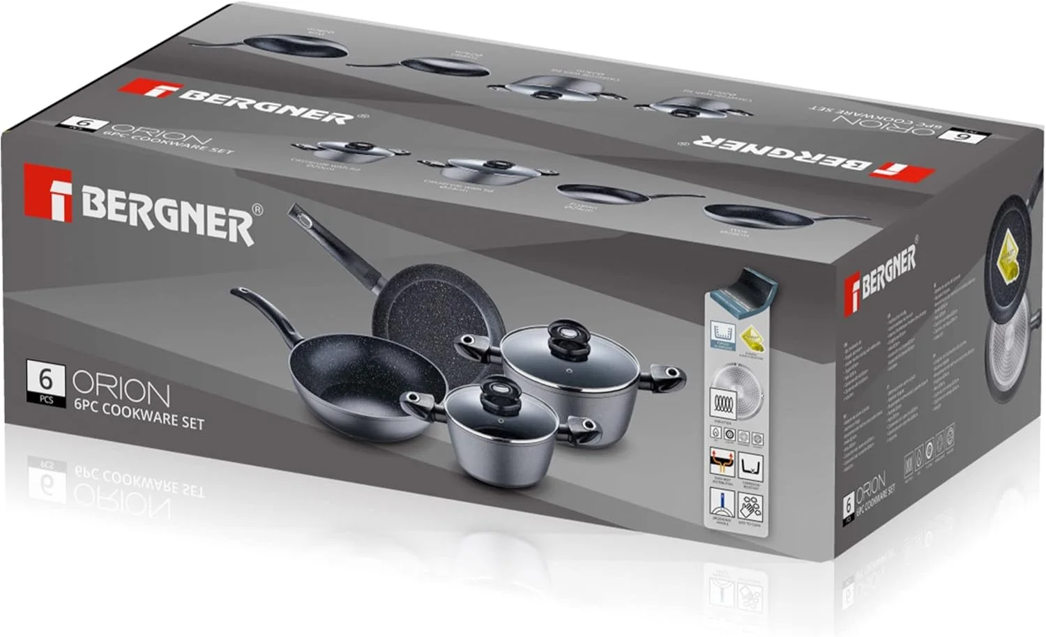 ست ظروف پخت و پز 6 پارچه برگنر مدل اوریون، آلومینیوم فورج شده، کف القایی، رنگ خاکستری، BG35776GY
