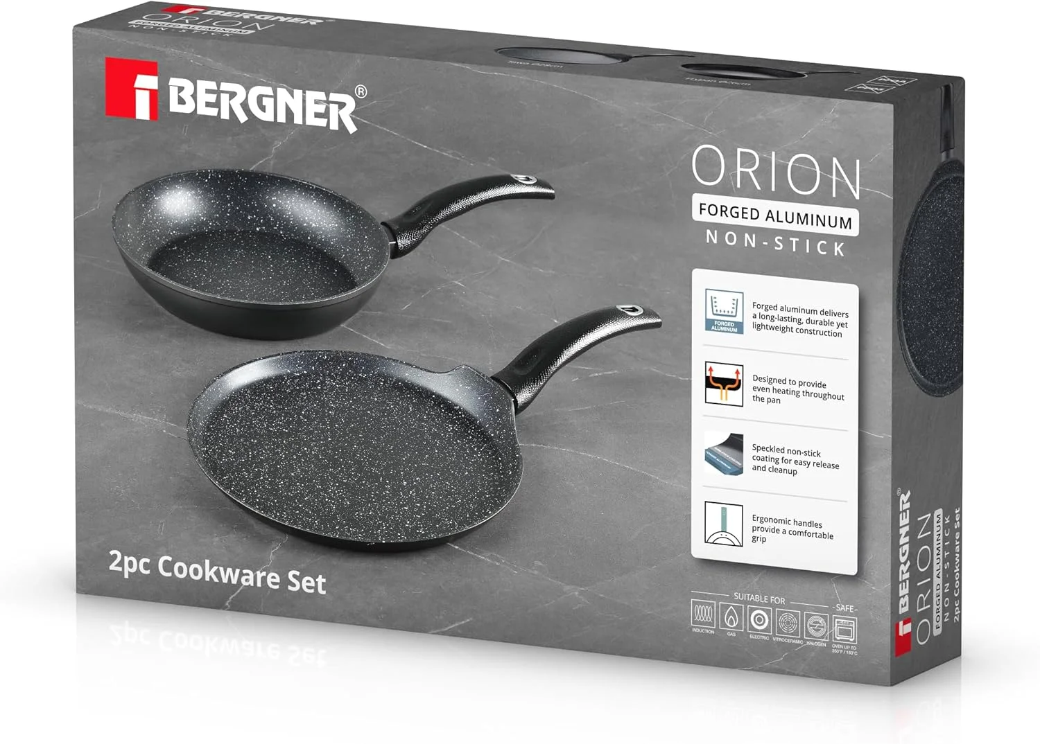 ست ظروف پخت و پز ۲ تکه برگنر مدل اوریون، ست پخت و پز آلومینیوم فورج شده، ظروف پخت و پز با کف القایی، قابلمه های با پوشش نچسب ماربل پلاس، مناسب برای همه اجاق ها، رنگ خاکستری، BG30068GY