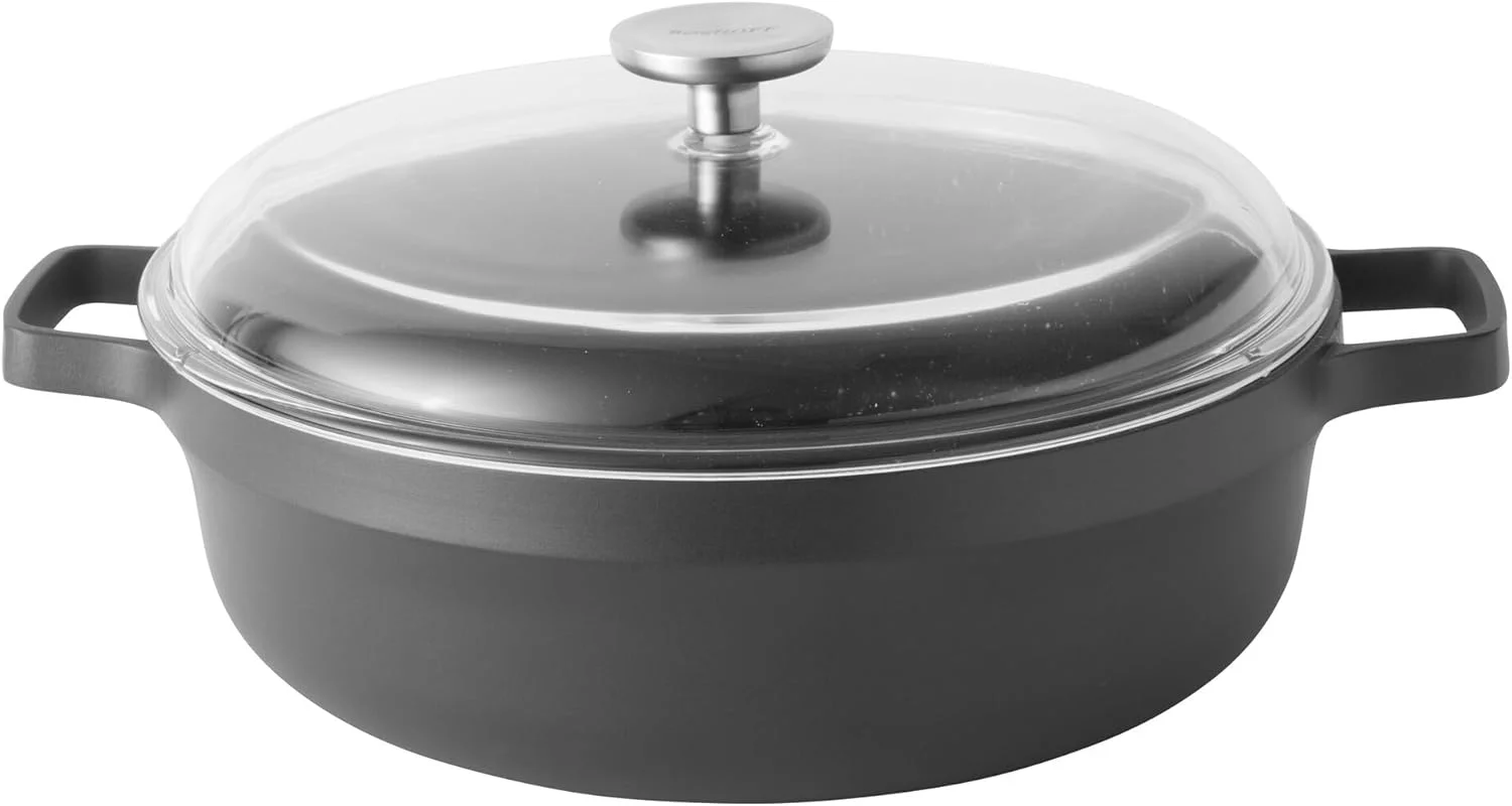 تابه آلومینیومی Berghoff Gem با درب و 2 دسته، مناسب برای همه اجاق‌ها، از جمله القایی، مشکی/شفاف 28 سانتی‌متر 4.6 لیتر