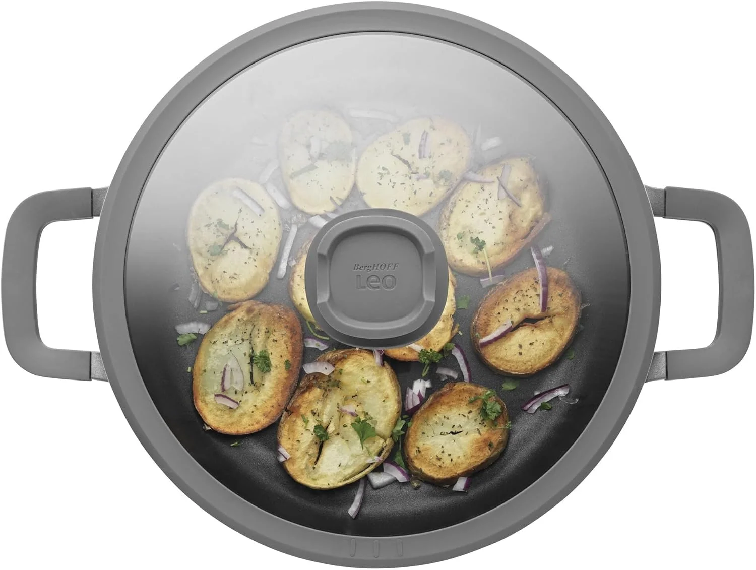 تابه سوتز برگهاف لئو استون پلاس با روکش سرامیکی نچسب، سایز 28 سانتیمتر، گنجایش 5 لیتر، به همراه درب شیشه ای، ساخته شده از آلومینیوم بازیافتی، دارای پوشش CeraGreen، فاقد مواد سمی، دسته خنک شونده، جای قاشق سیلیکونی، مناسب برای اجاق های القایی