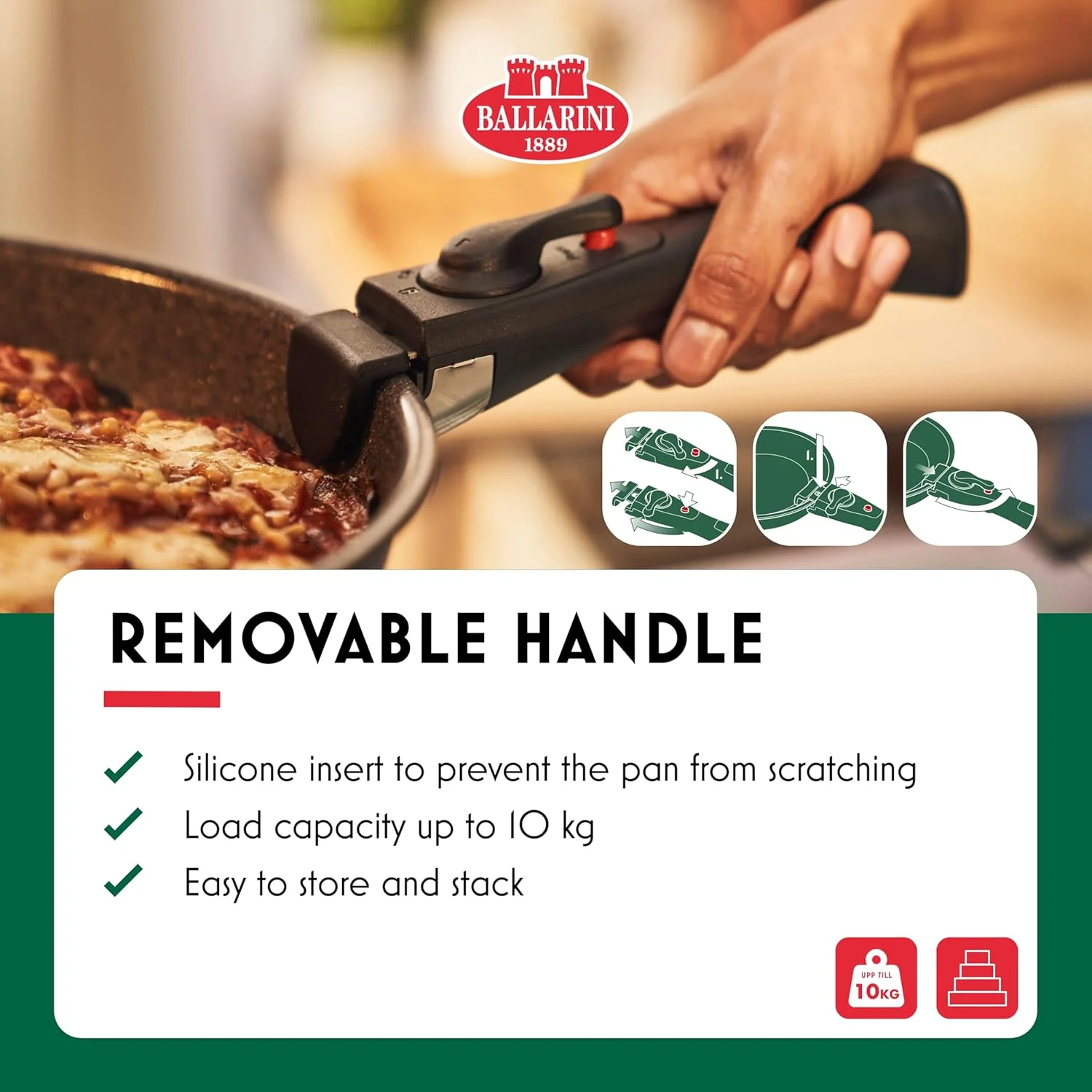 ست ۴ تکه ظروف پخت و پز Ballarini Torre – قابلمه ۱۶ سانتی‌متری، تابه‌های سرخ‌کردنی ۲۸ و ۲۴ سانتی‌متری، دسته جداشدنی، نچسب سرامیکی، بدون PFAS، سازگار با القایی، قابل استفاده در فر، صرفه‌جویی در فضا، خاکستری. ساخت ایتالیا