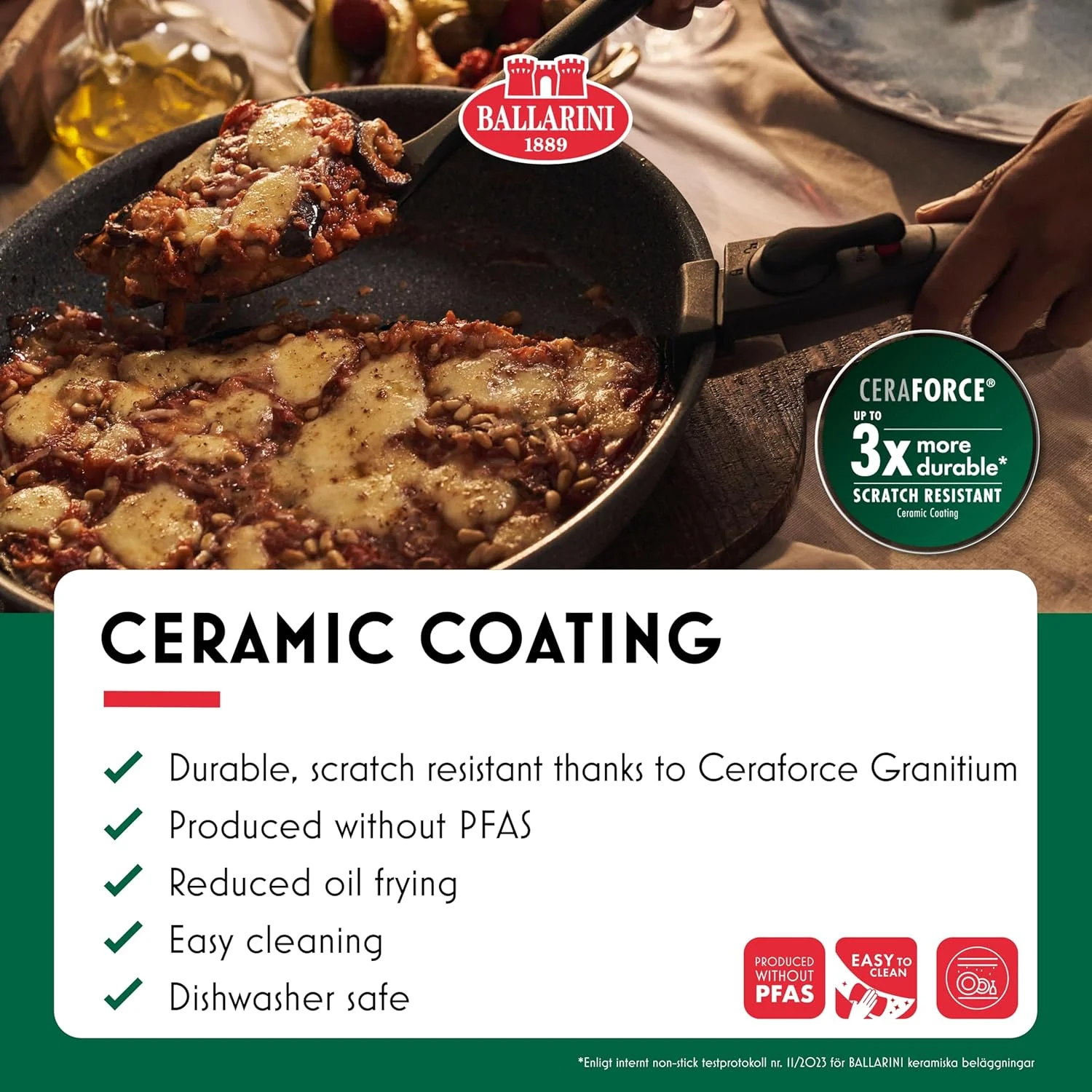 ست ۴ تکه ظروف پخت و پز Ballarini Torre – قابلمه ۱۶ سانتی‌متری، تابه‌های سرخ‌کردنی ۲۸ و ۲۴ سانتی‌متری، دسته جداشدنی، نچسب سرامیکی، بدون PFAS، سازگار با القایی، قابل استفاده در فر، صرفه‌جویی در فضا، خاکستری. ساخت ایتالیا