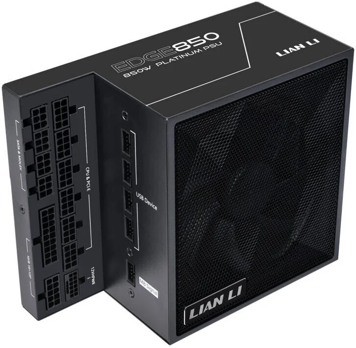 منبع تغذیه کاملاً ماژولار Lian-Li Edge با طراحی L شکل، توان 850 وات، دارای گواهینامه 80 پلاس پلاتینیوم، فن 120 میلی‌متری FDB، سازگار با ATX 3.0 و 3.1، پشتیبانی از PCIe 5.1، PFC فعال، مشکی | G9P.EG0850.BE00.UK