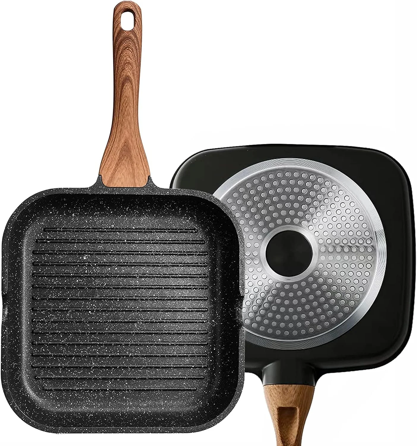 تابه گریل نچسب آنجو مناسب برای اجاق گاز با دهانه های خروجی، سازگار با القایی، پوشش گرانیتی، 25 سانتی متر، مشکی