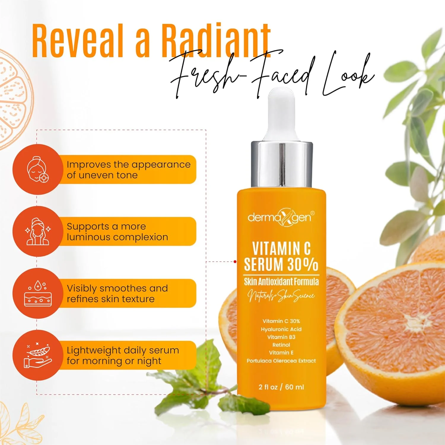 سرم ویتامین C ۳۰% برای صورت، اسید هیالورونیک و ویتامین E - مرطوب کننده طبیعی و ارگانیک ضد چروک و احیا کننده پوست ویتامین C برای انواع پوست - سرم ضد پیری (۲ FL OZ)