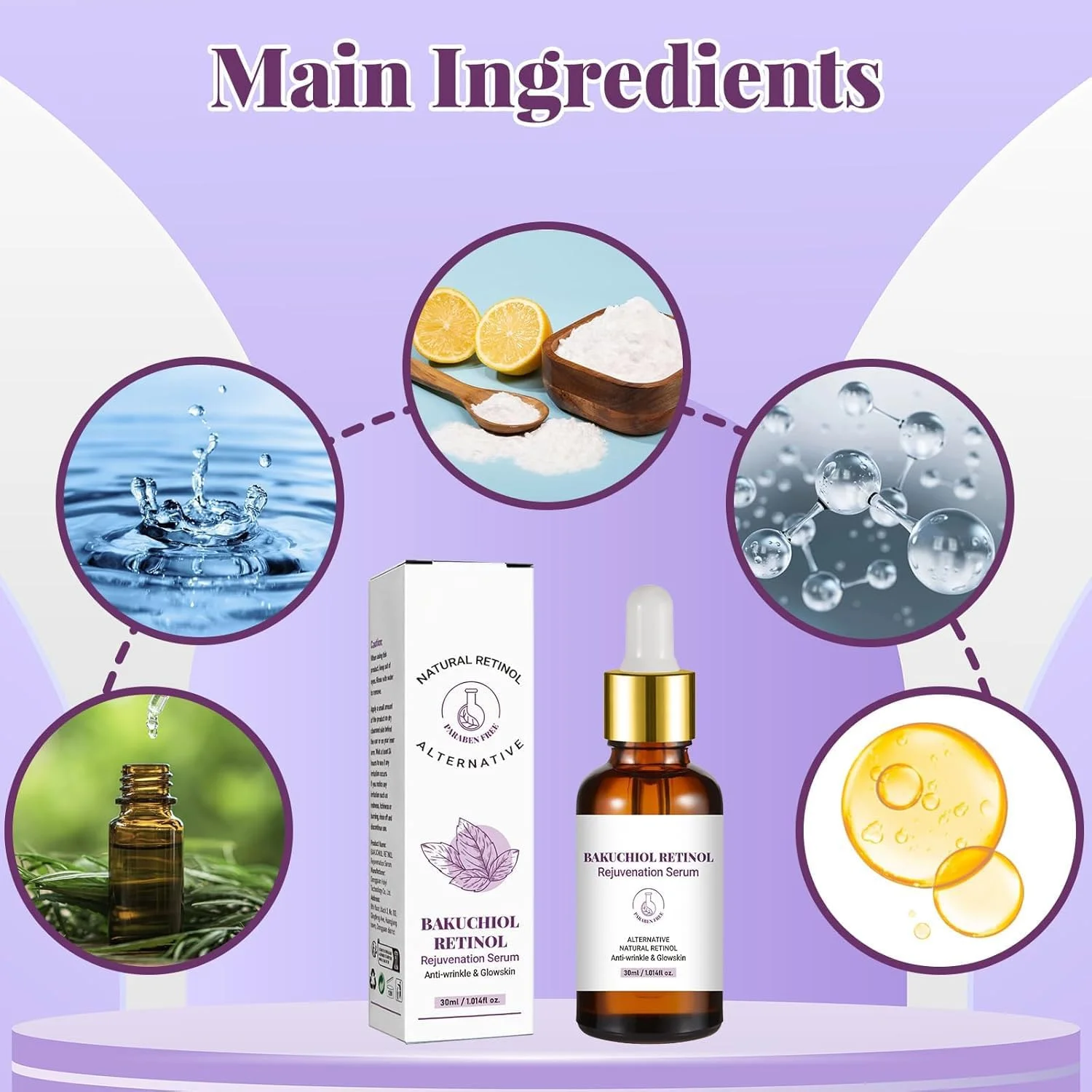 سرم باکوچیول جوانساز صورت با هیالورونیک اسید، سرم ضد چروک و ضد پیری برای پوست درخشان و کاهش آکنه (30 میلی لیتر)