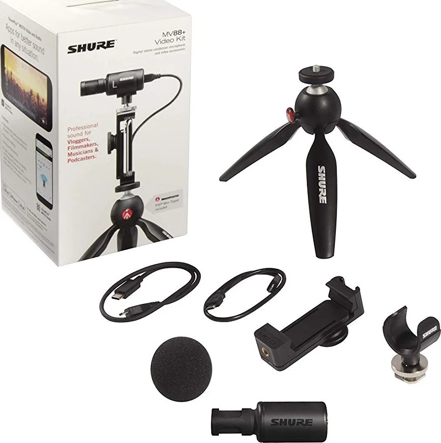 کیت ویدیویی میکروفون استریو دیجیتال Shure MOTIV MV88+ به همراه لوازم جانبی برای تلفن های هوشمند، میکروفون استریو با امکانات فراوان، سه پایه/گریپ Manfrotto با سر توپی، برای iOS، اندروید، مشکی | MV88+DIG-VIDKIT