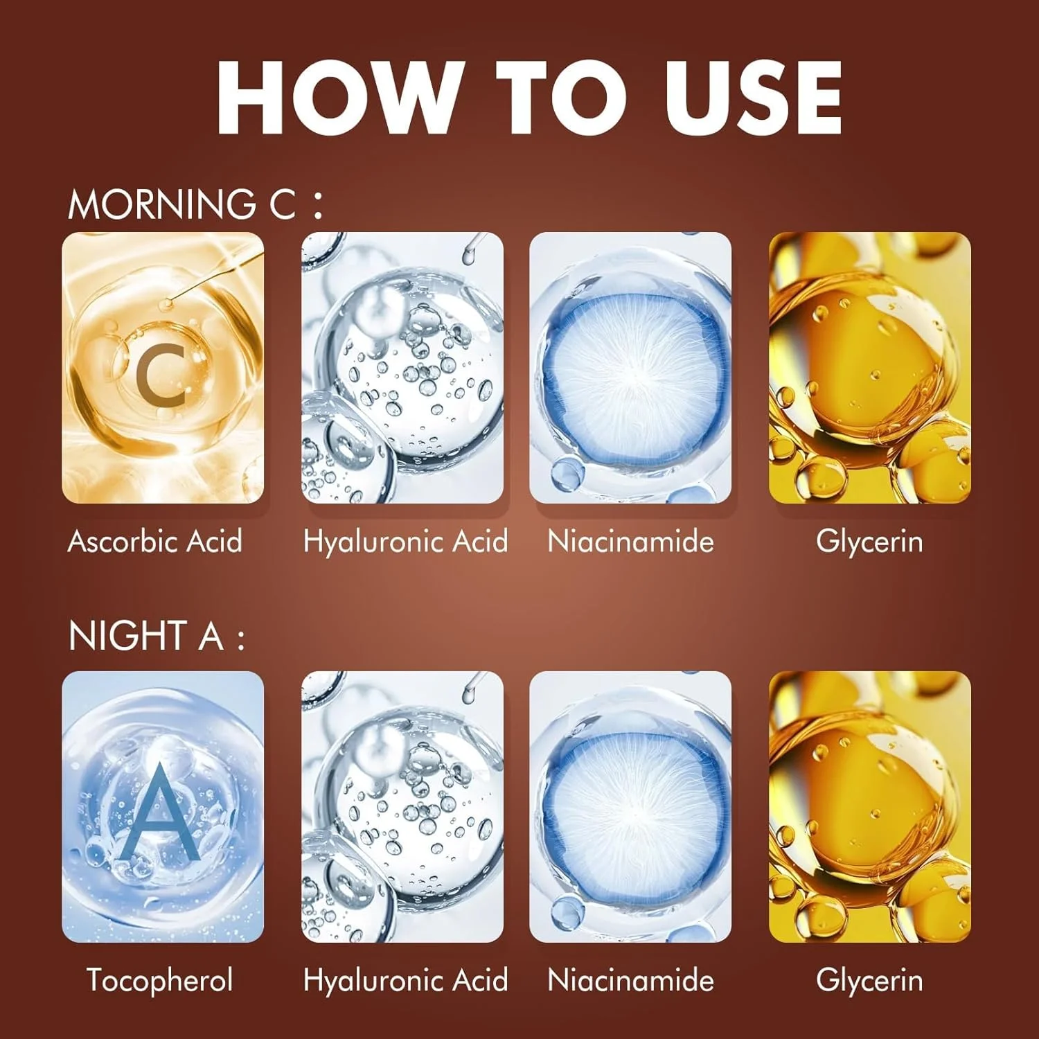 اسانس زیبایی پوست دوگانه صبح C و شب A، سرم ضد چروک با اسید هیالورونیک، نیاسینامید و گلیسیرین، سرم صورت، سرم های صورت ضد پیری، محو کننده خطوط، سرم صورت برای انواع پوست