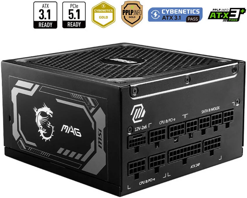 منبع تغذیه ۱۰۰۰ واتی MSI MAG A1000GL PCIE5، آماده برای ATX 3.1، کانکتور دو رنگ PCIe CEM 5.1، پشتیبانی از NVIDIA GeForce RTX 40 Series، توپولوژی LLC Half Bridge، مشکی | MAG A1000GL PCIE5